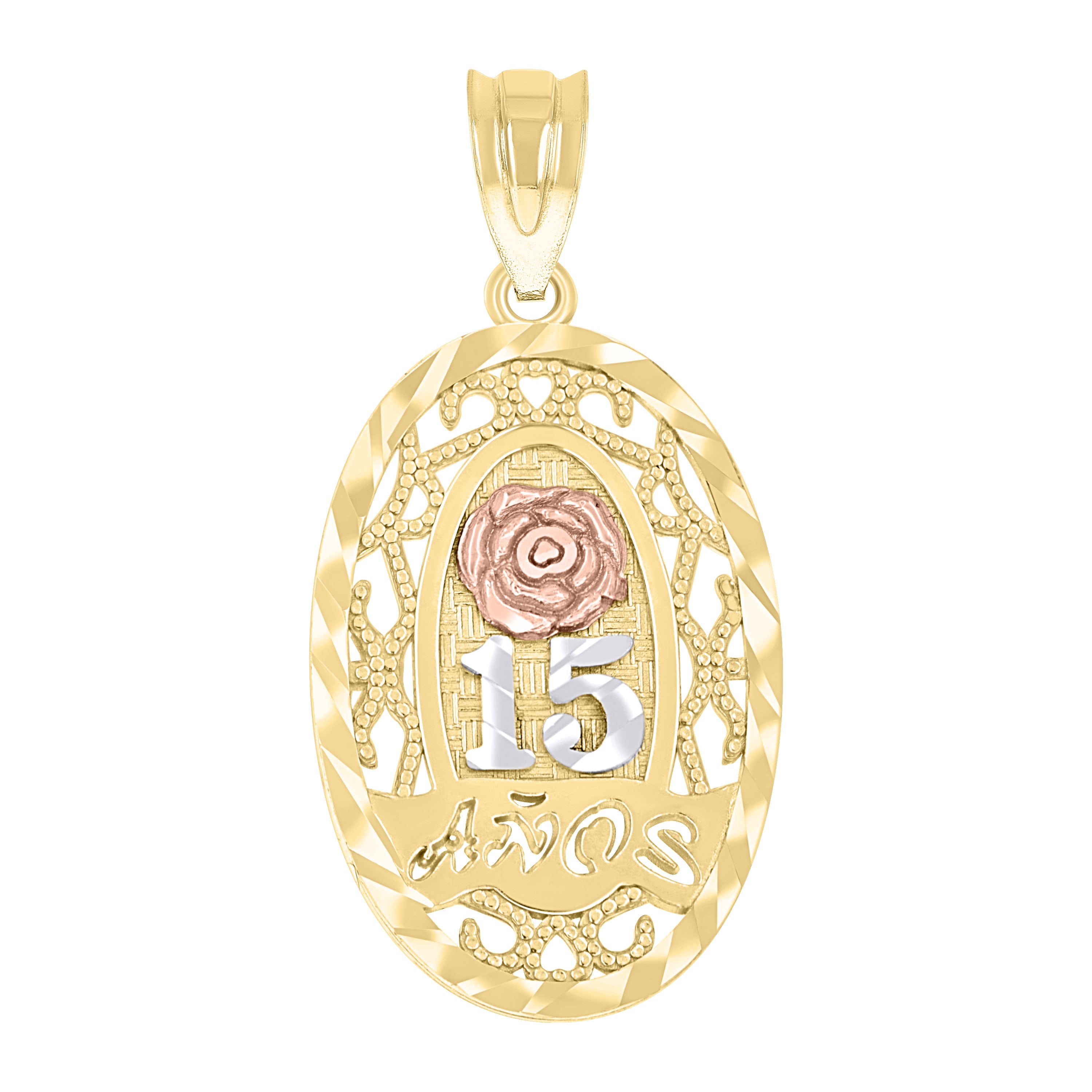 14Kt Gold Womens Tri-Color Diamond-Cut 15 Anos Oval Rose Quinceanera Pendant Charm