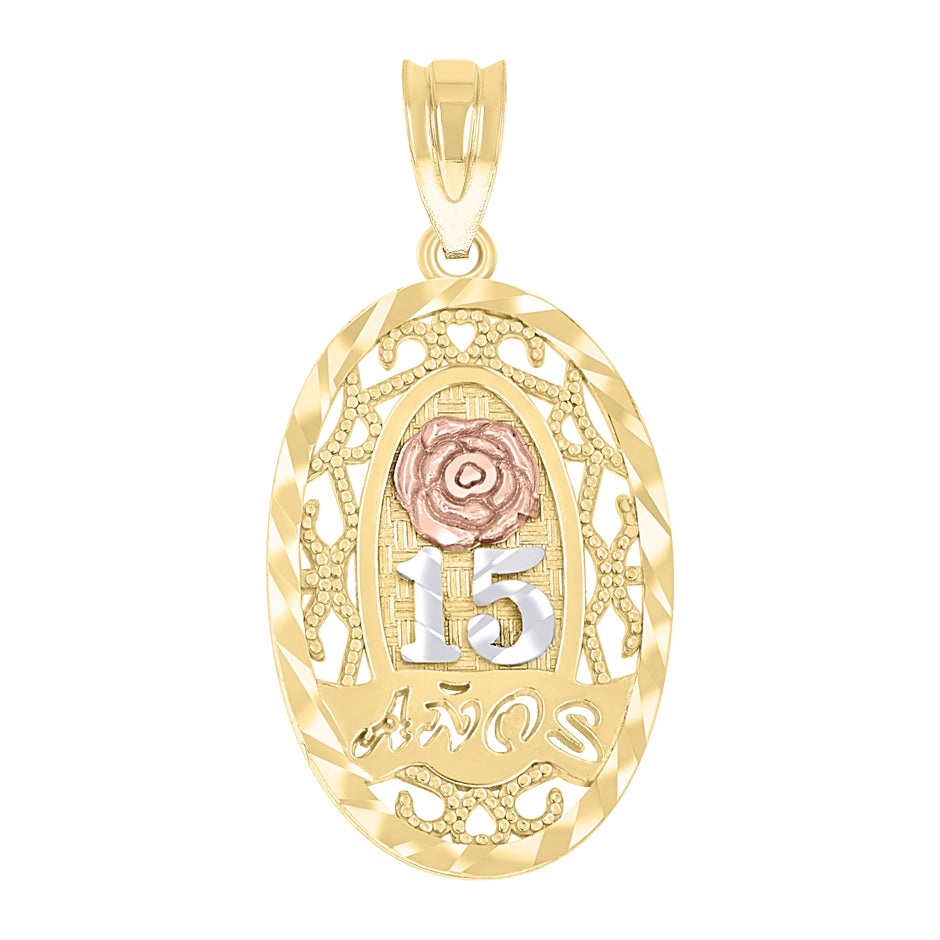 14Kt Gold Womens Tri-Color Diamond-Cut 15 Anos Oval Rose Quinceanera Pendant Charm