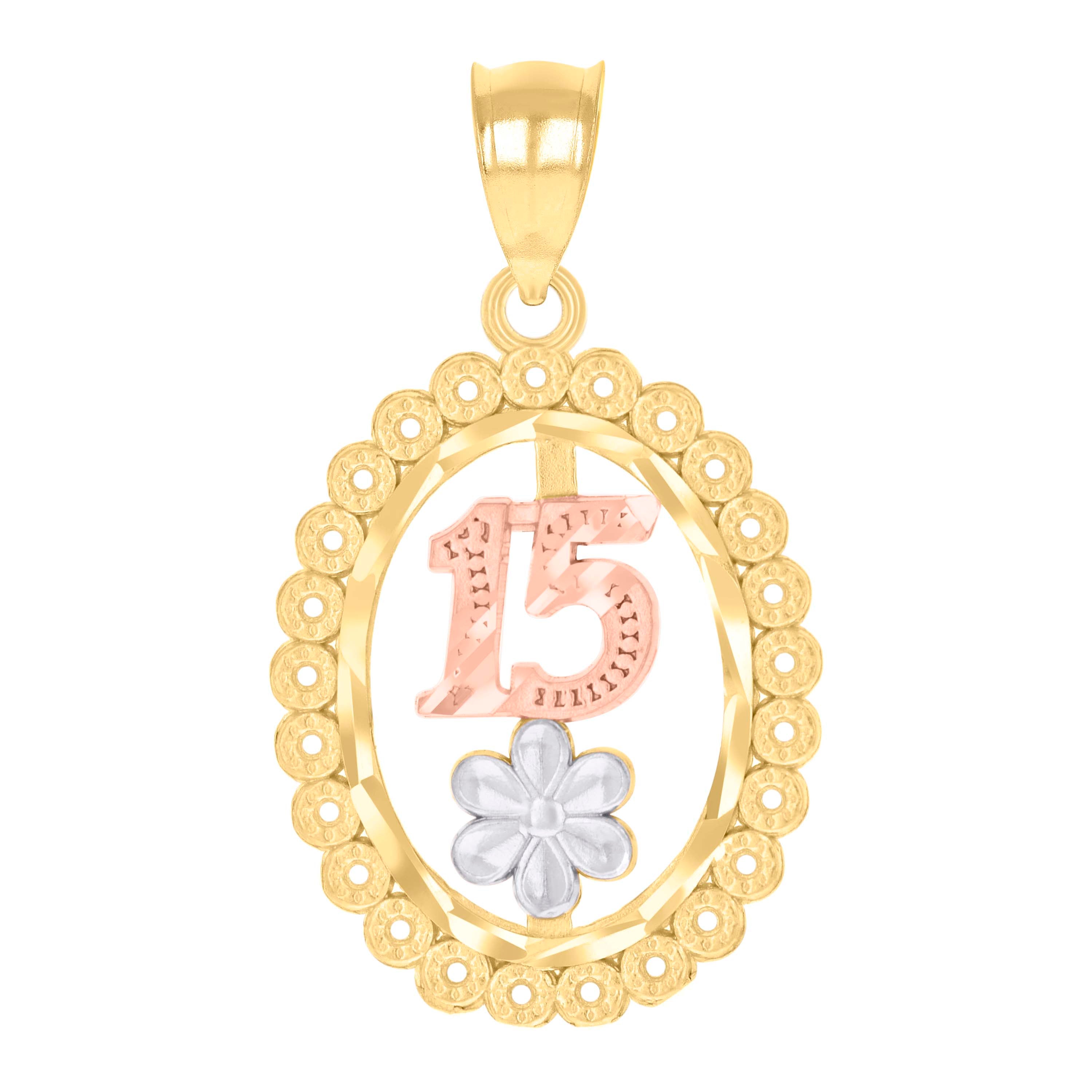 14Kt Gold Womens Tri-Color 15 Anos Quinceanera Pendant Charm