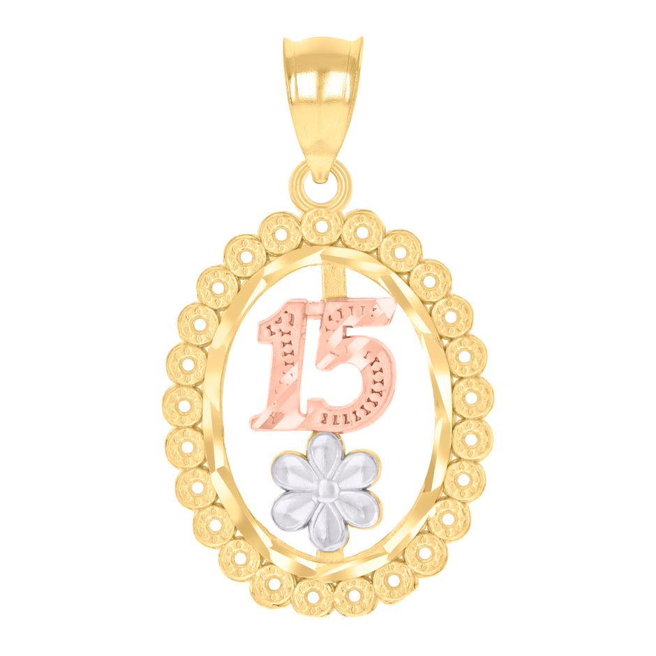 14Kt Gold Womens Tri-Color 15 Anos Quinceanera Pendant Charm
