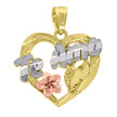 14Kt Gold Womens Tri-Color Te Amo Flower Heart Pendant Charm
