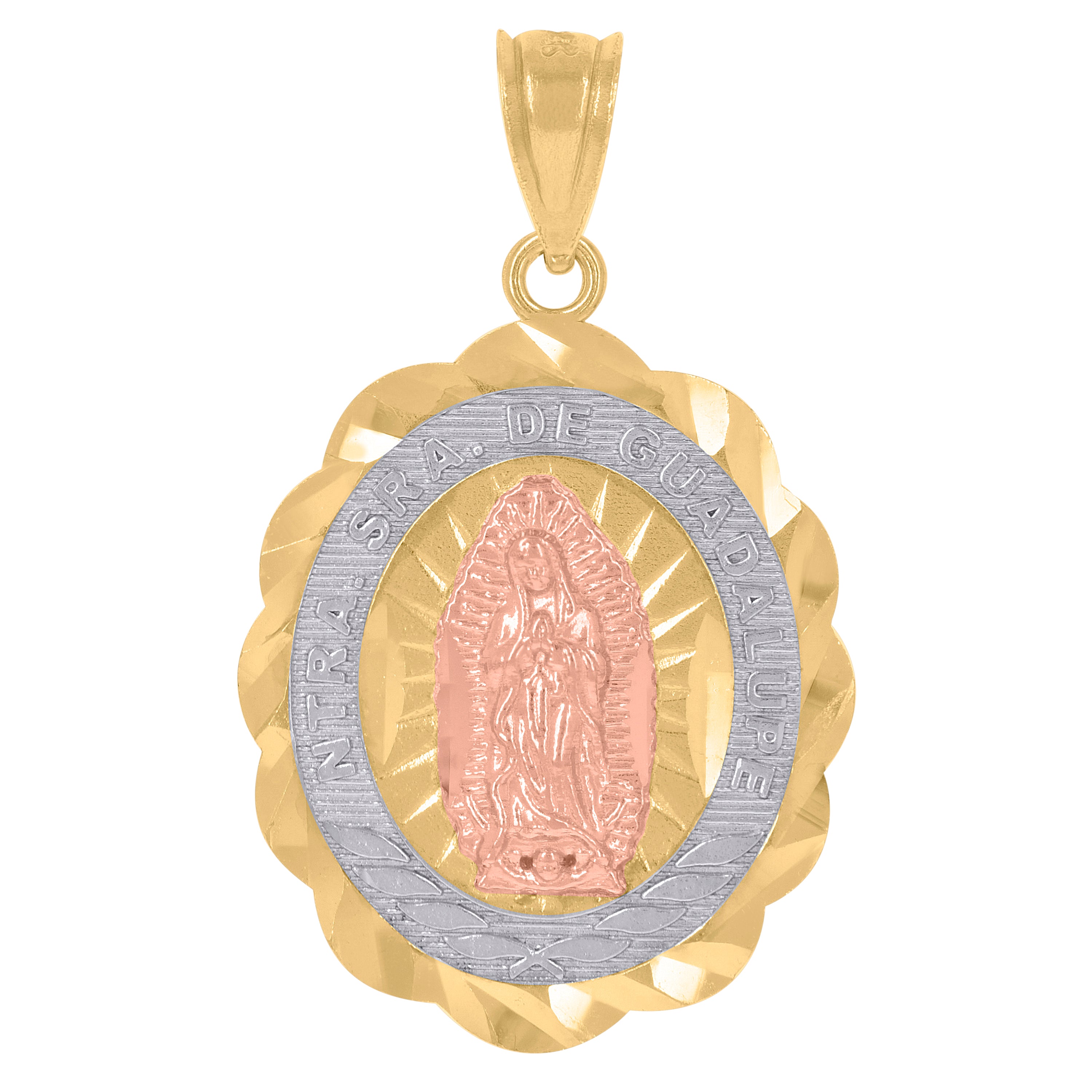14Kt Gold Unisex Tri-Color Diamond-Cut Ntra Sra De Guadalupe Oval Pendant Charm