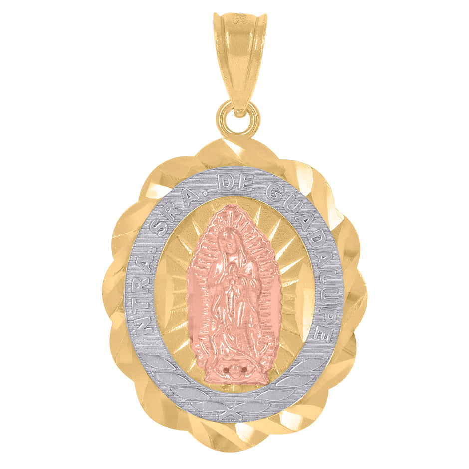 14Kt Gold Unisex Tri-Color Diamond-Cut Ntra Sra De Guadalupe Oval Pendant Charm