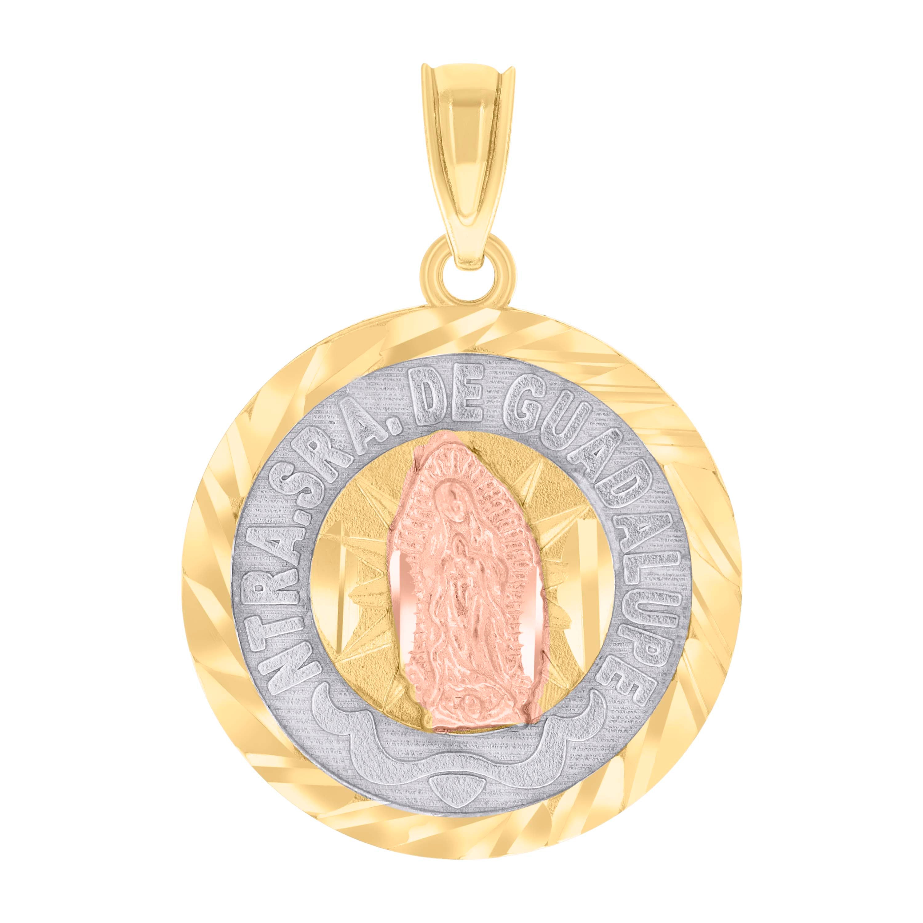 14Kt Gold Unisex Tri-Color Diamond-Cut Ntra Sra De Guadalupe Medallion Religious Pendant Charm
