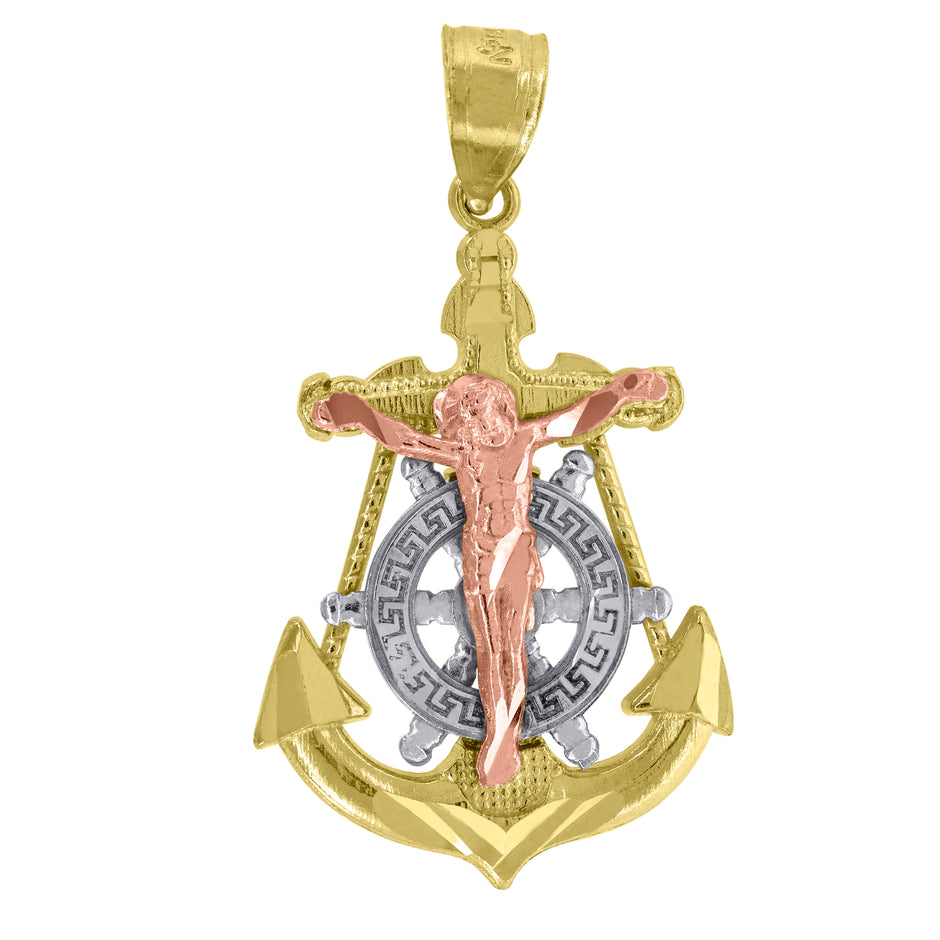 14Kt Gold Womens Tri-Color Anchor Cross Crucifix Religious Ht:31.6Mm Pendant Charm