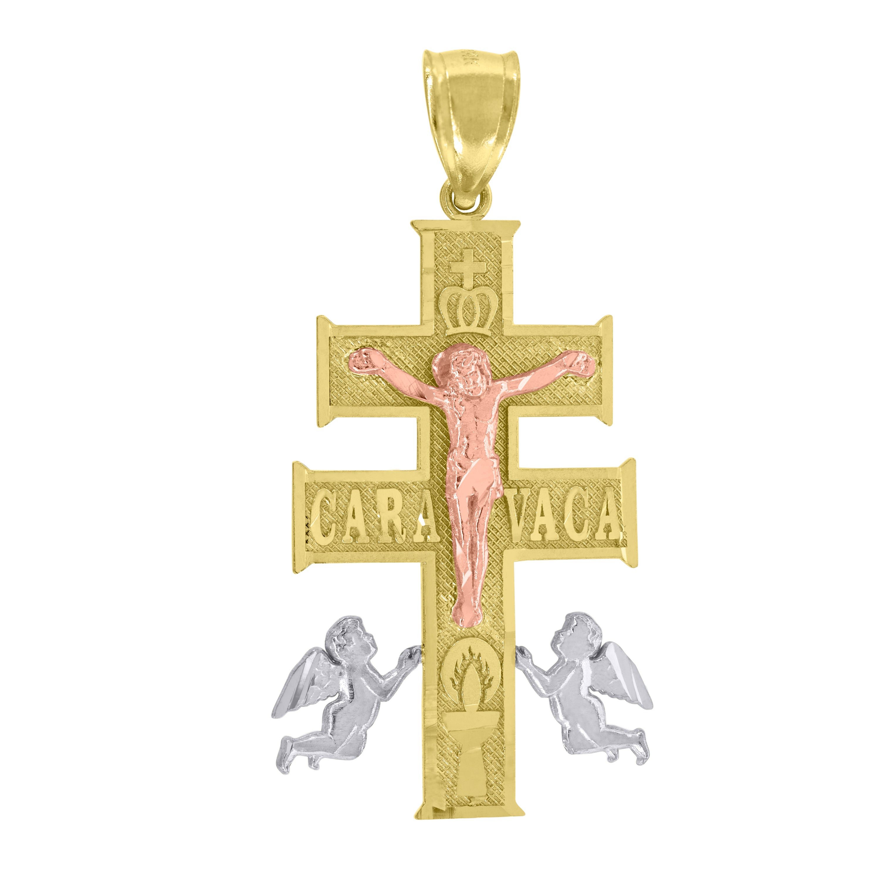 14Kt Gold Unisex Tri-Color Diamond-Cut Cross Caravaca Crucifix Angels Religious Pendant Charm