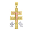 14Kt Gold Unisex Tri-Color Diamond-Cut Cross Caravaca Crucifix Angels Religious Pendant Charm
