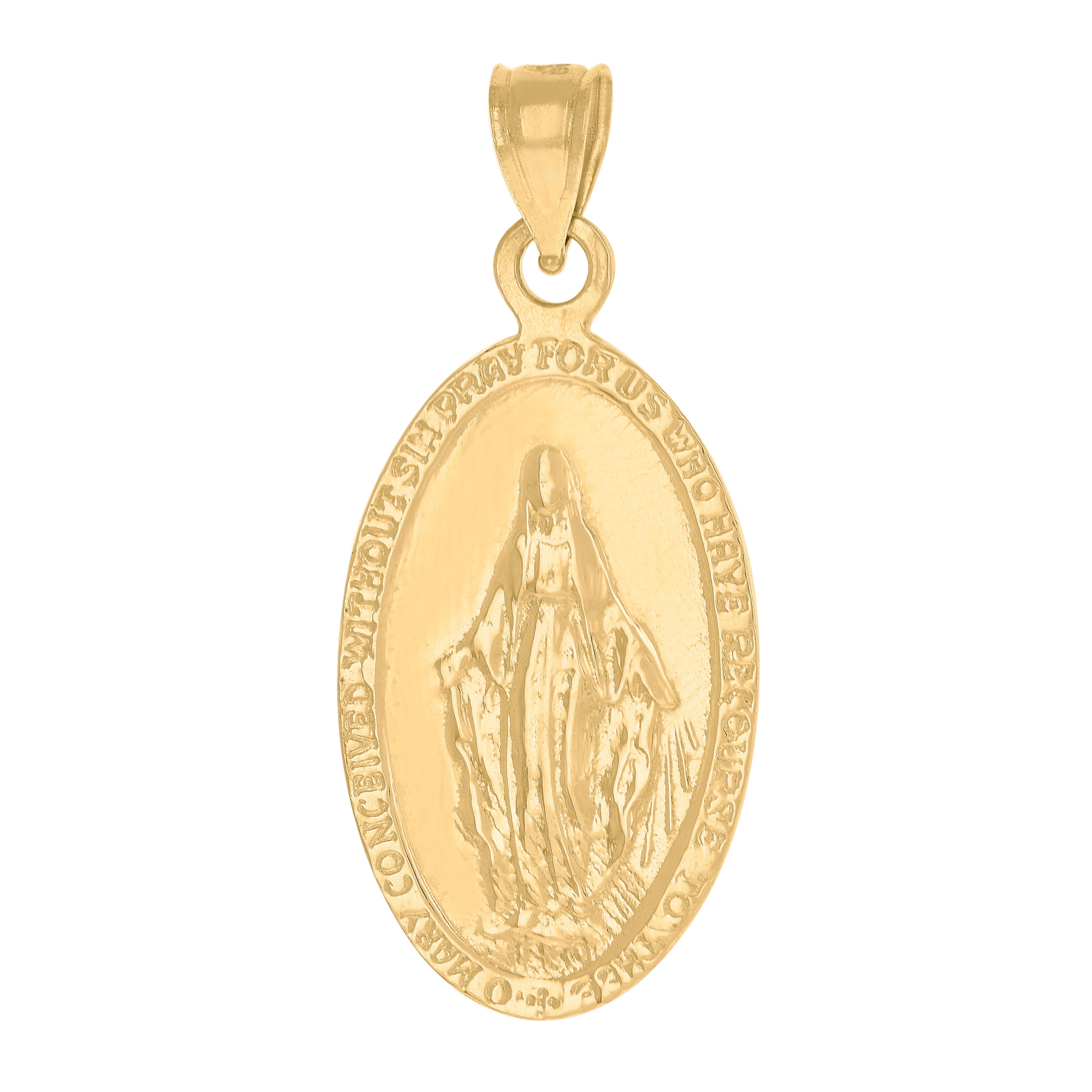 14Kt Yellow Gold Unisex Mary Pray For Us Oval Religious Ht:31.5Mm Pendant Charm