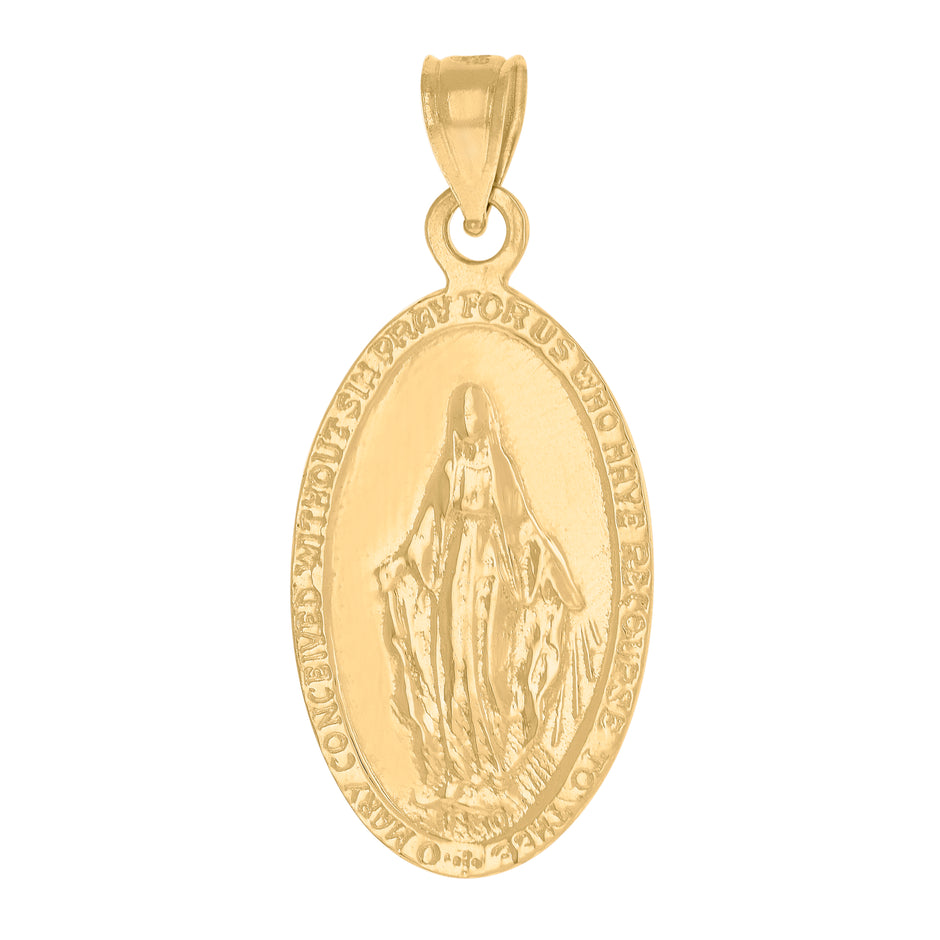 14Kt Yellow Gold Unisex Mary Pray For Us Oval Religious Ht:31.5Mm Pendant Charm