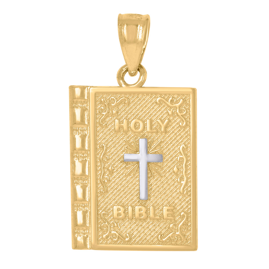 14Kt Gold Womens Two-Tone Holy Bible Cross Religious Pendant Charm