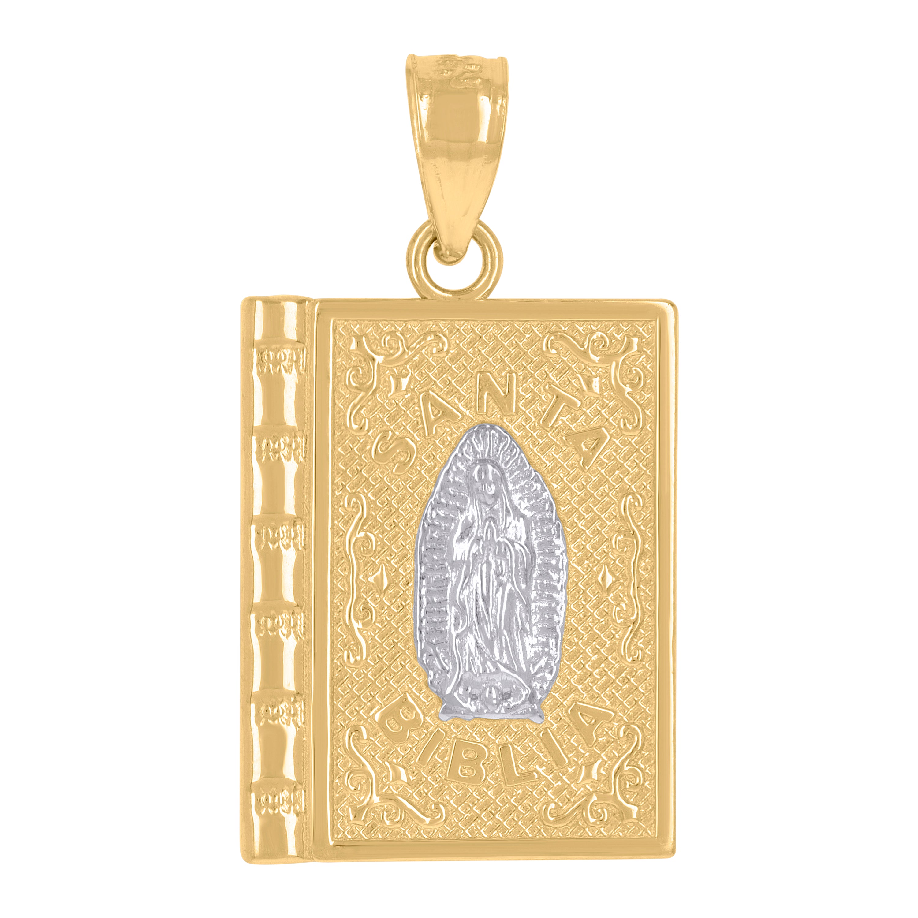 14Kt Gold Womens Two-Tone Santa Biblia Holy Bible Guadalupe Mary Religious Pendant Charm