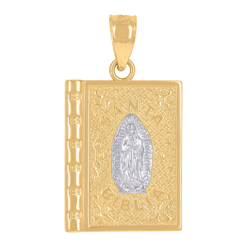 14Kt Gold Womens Two-Tone Santa Biblia Holy Bible Guadalupe Mary Religious Pendant Charm