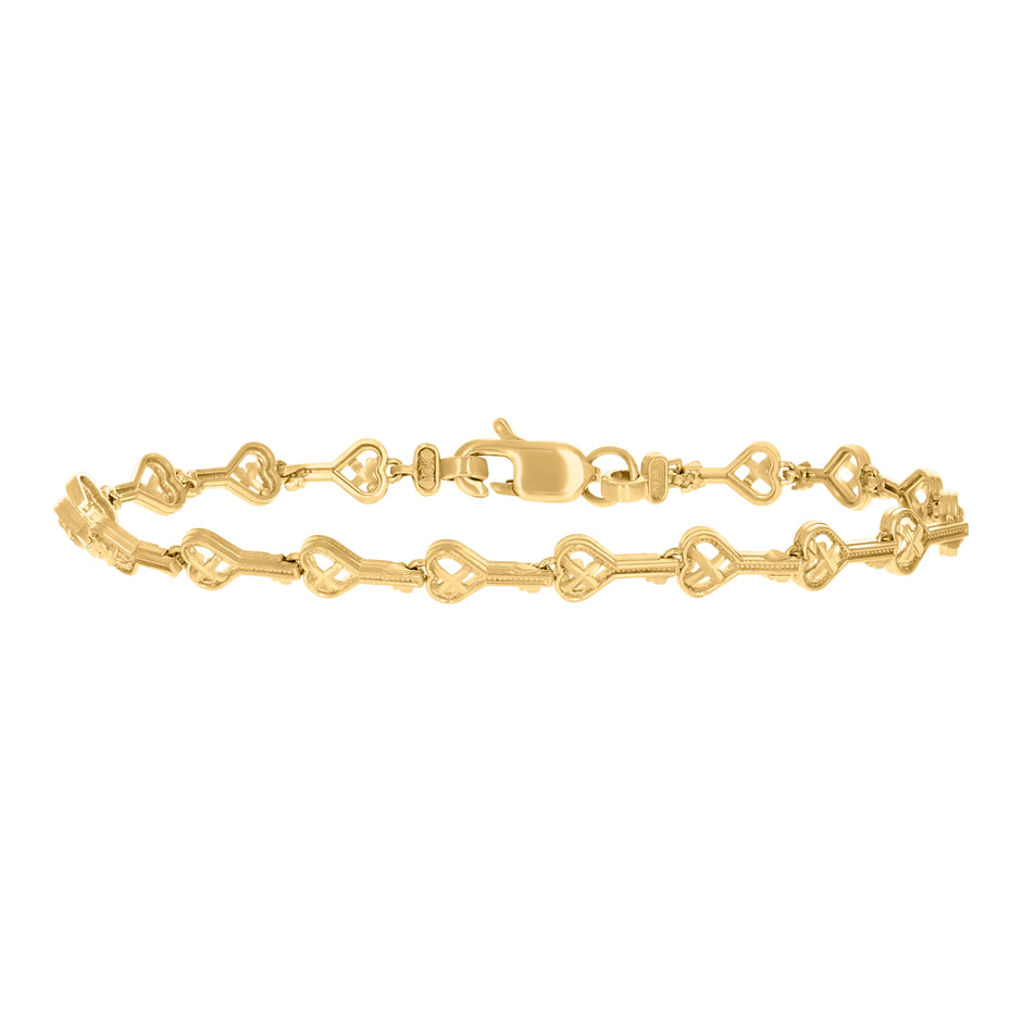 10kt Yellow Gold Womens Heart Key Lock & Key Link 7" Bracelet