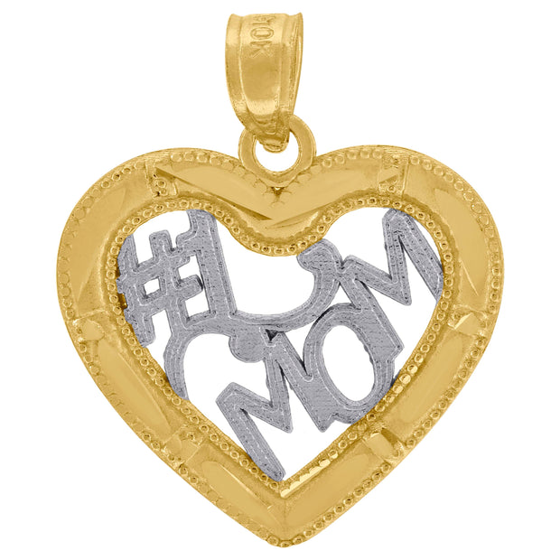 10kt Gold Two-Tone Diamond-Cut Womens Heart No.1 Mom Charm Pendant