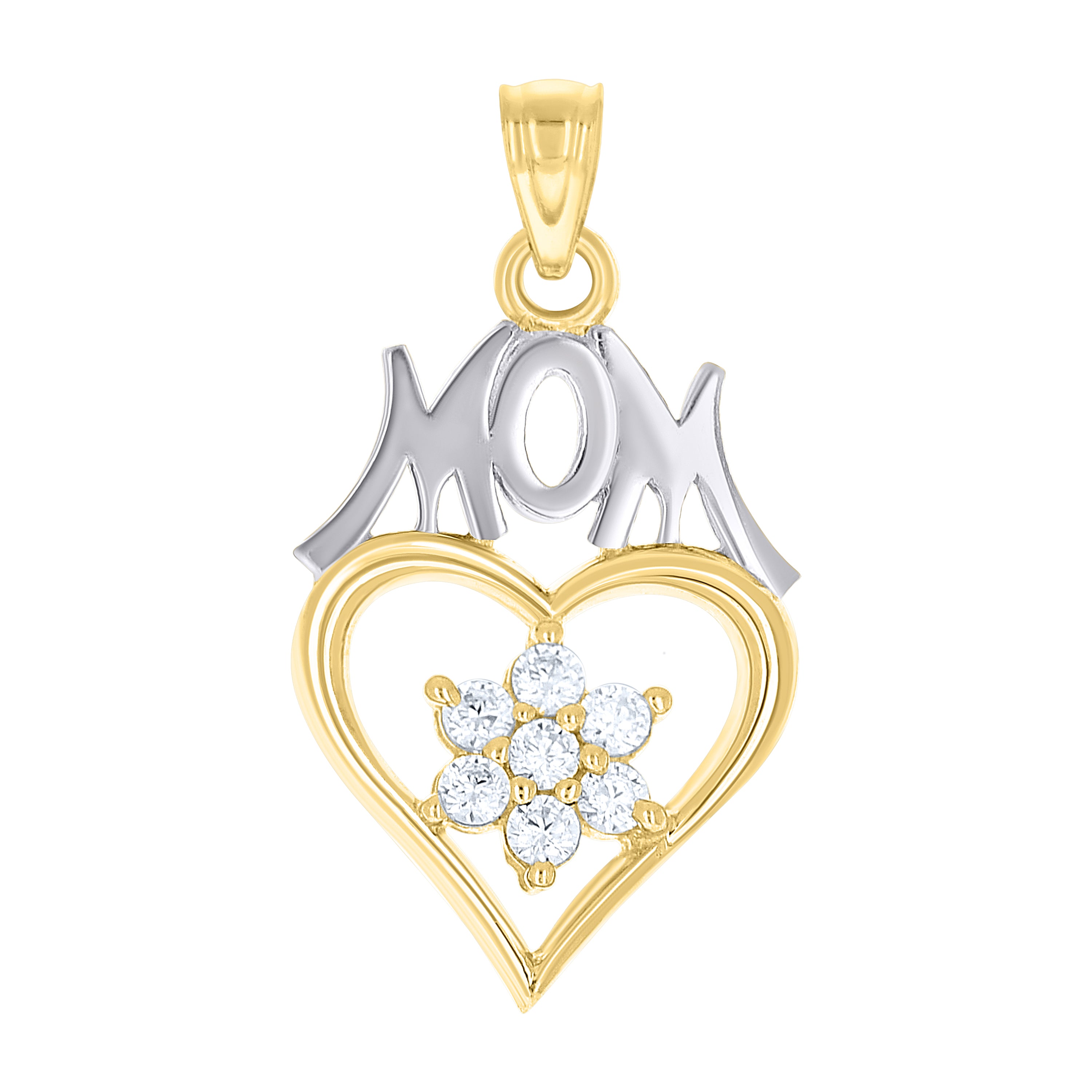 10kt Gold Two-Tone Cubic-Zirconia Womens Heart Flower Mom Charm Pendant