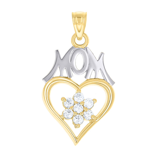 10kt Gold Two-Tone Cubic-Zirconia Womens Heart Flower Mom Charm Pendant