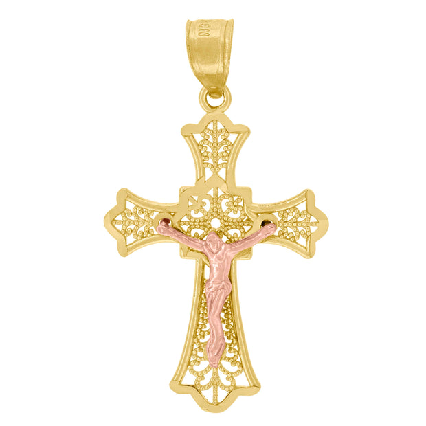 10kt Gold Two-Tone Diamond-Cut Unisex Cross Crucifix Religious Charm Pendant