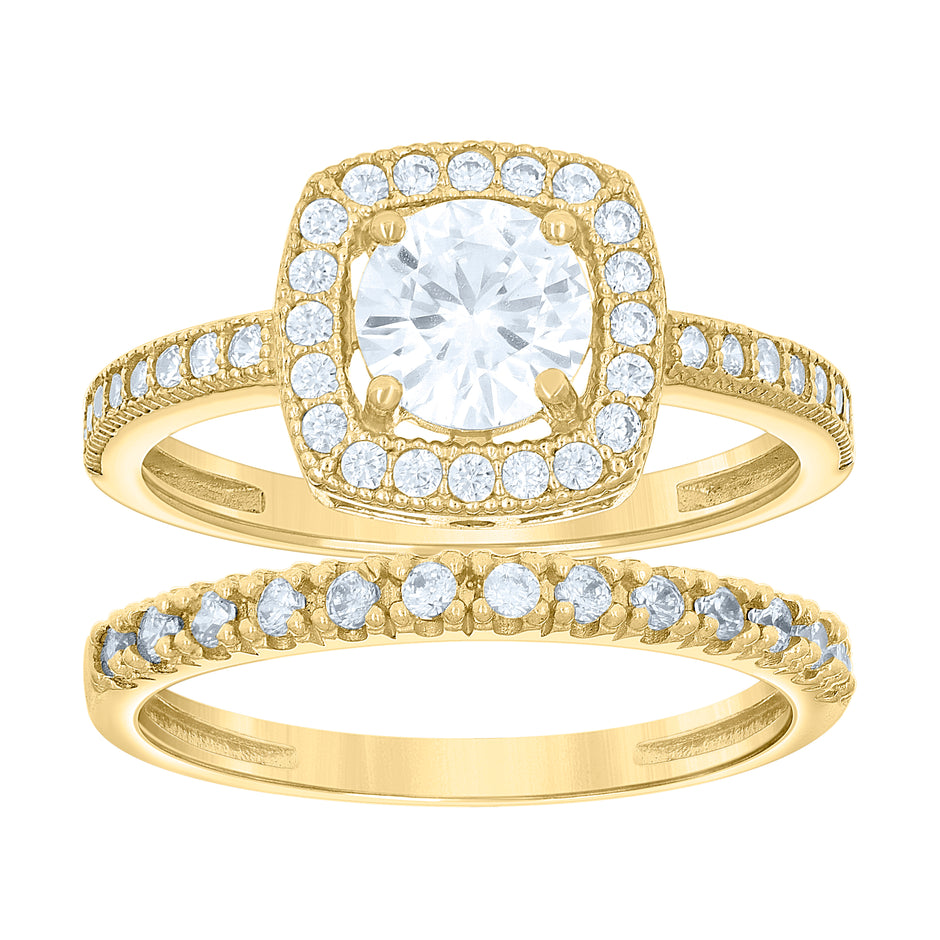 14Kt Gold Womens Two-Tone Cz Duo Square Head Center Stone Sz7 Wedding Engagement Bridal Set Ring
