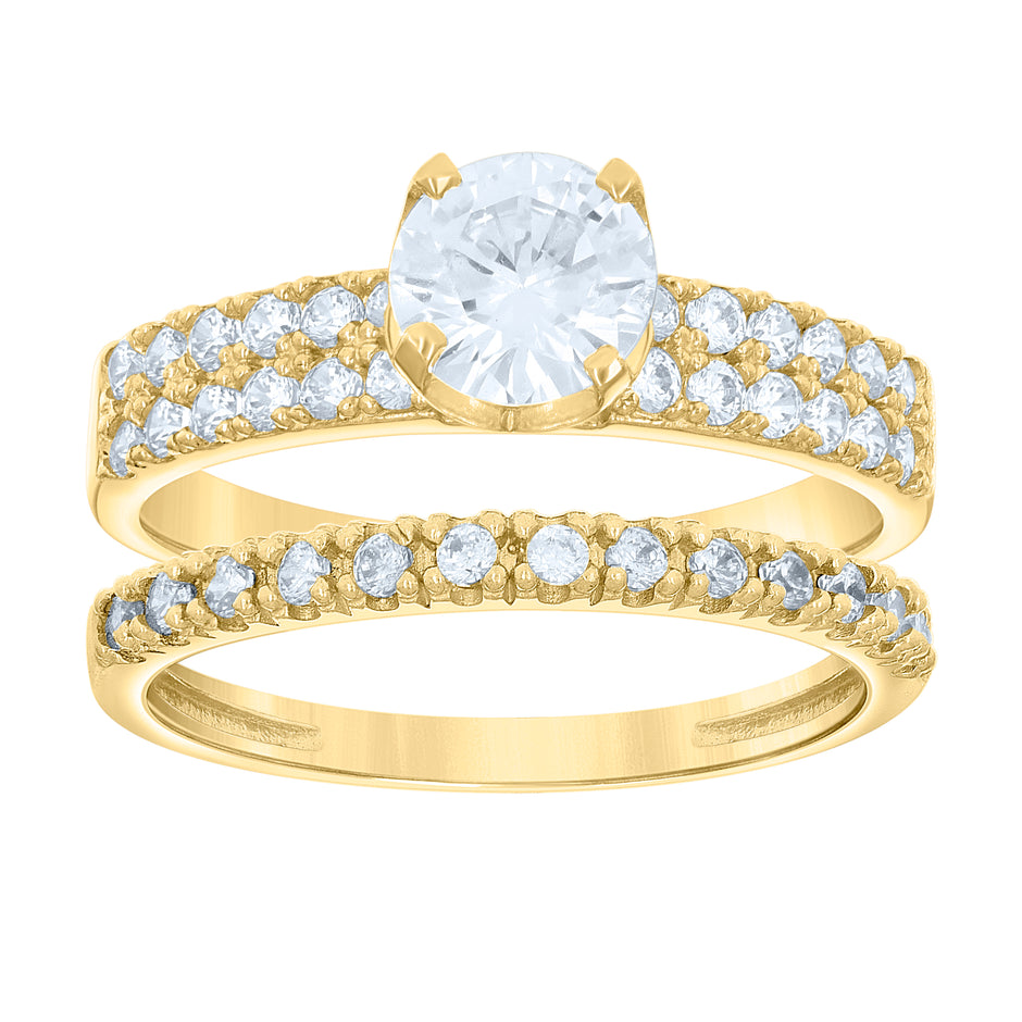 14Kt Gold Womens Two-Tone Cz Duo Three Center Stone White Sz7 Wedding Engagement Bridal Set Band Ring