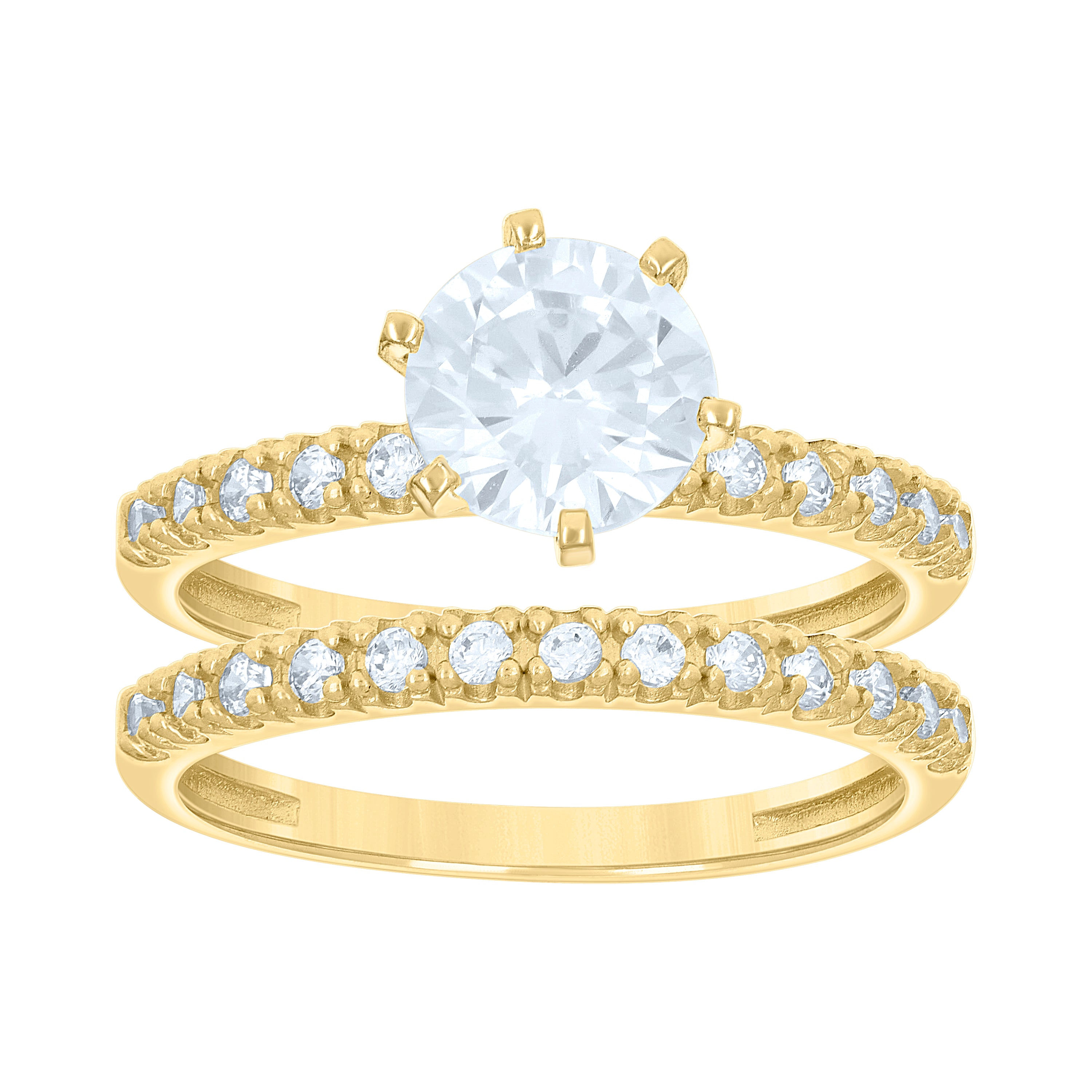 14Kt Gold Womens Two-Tone Cz Duo Center White Stone Sz7 Wedding Engagement Bridal Set Band Ring