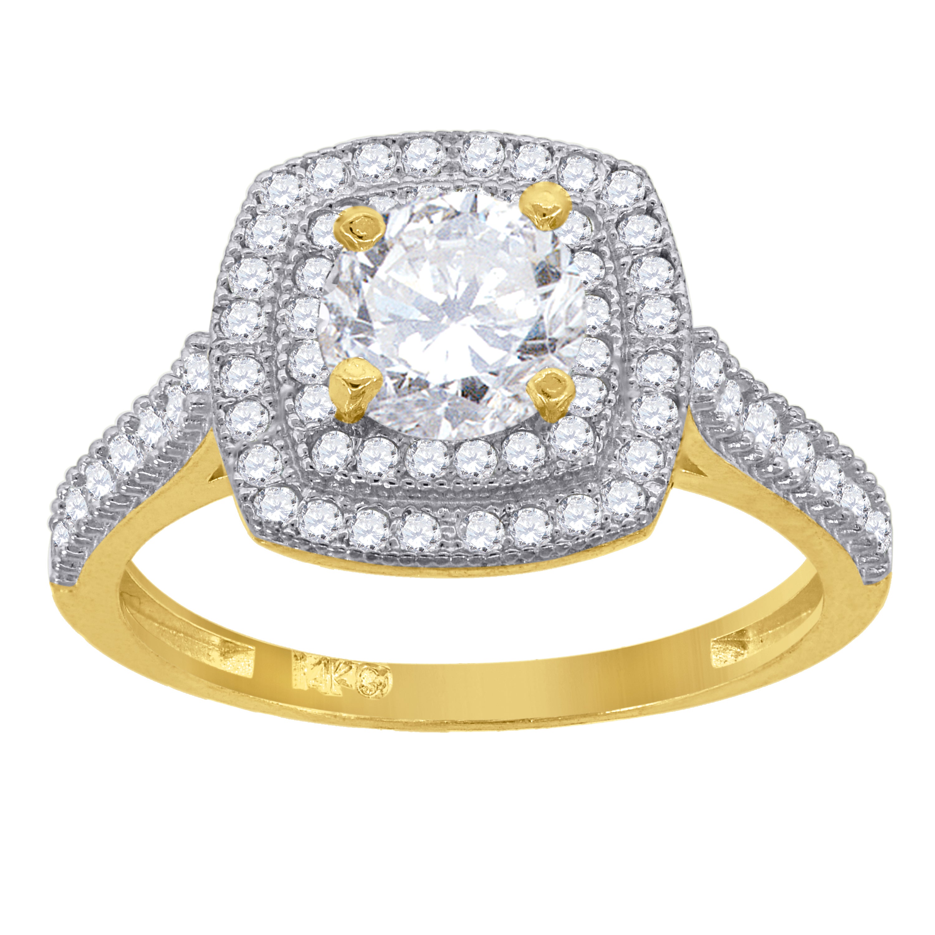 14Kt Gold Womens Two-Tone Cz Double Square Halo Center White Stone Wedding Engagement Band Ring