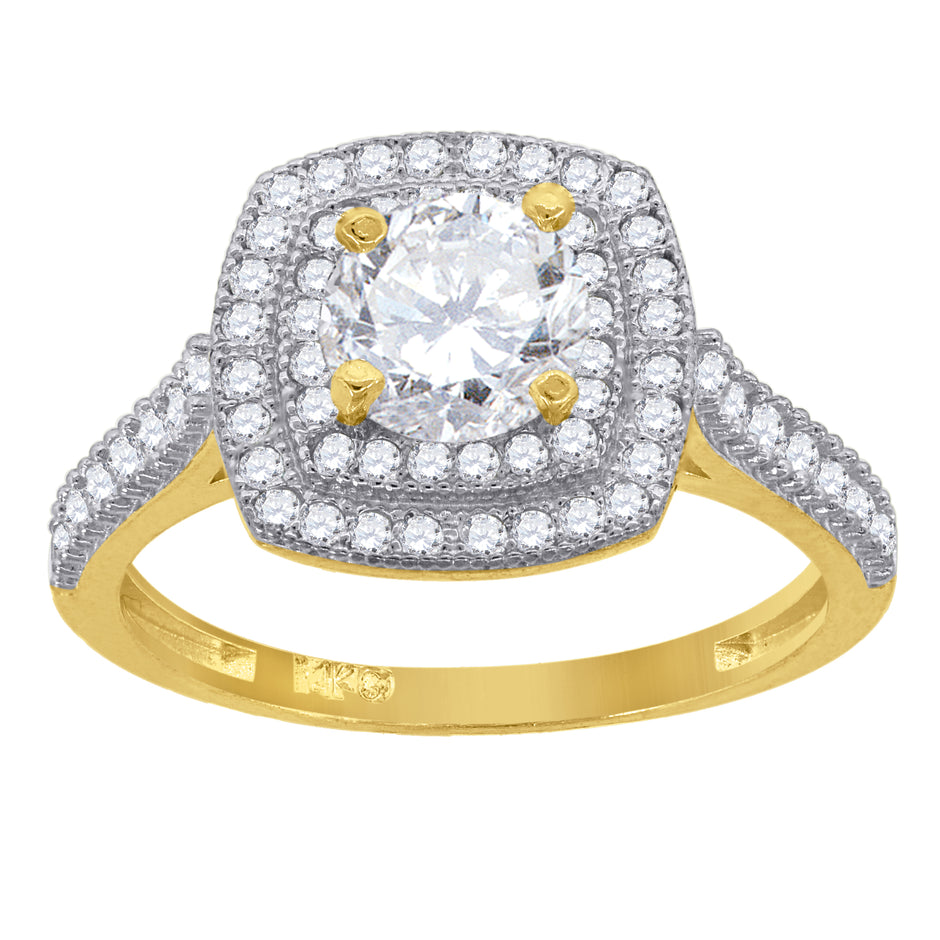 14Kt Gold Womens Two-Tone Cz Double Square Halo Center White Stone Wedding Engagement Band Ring