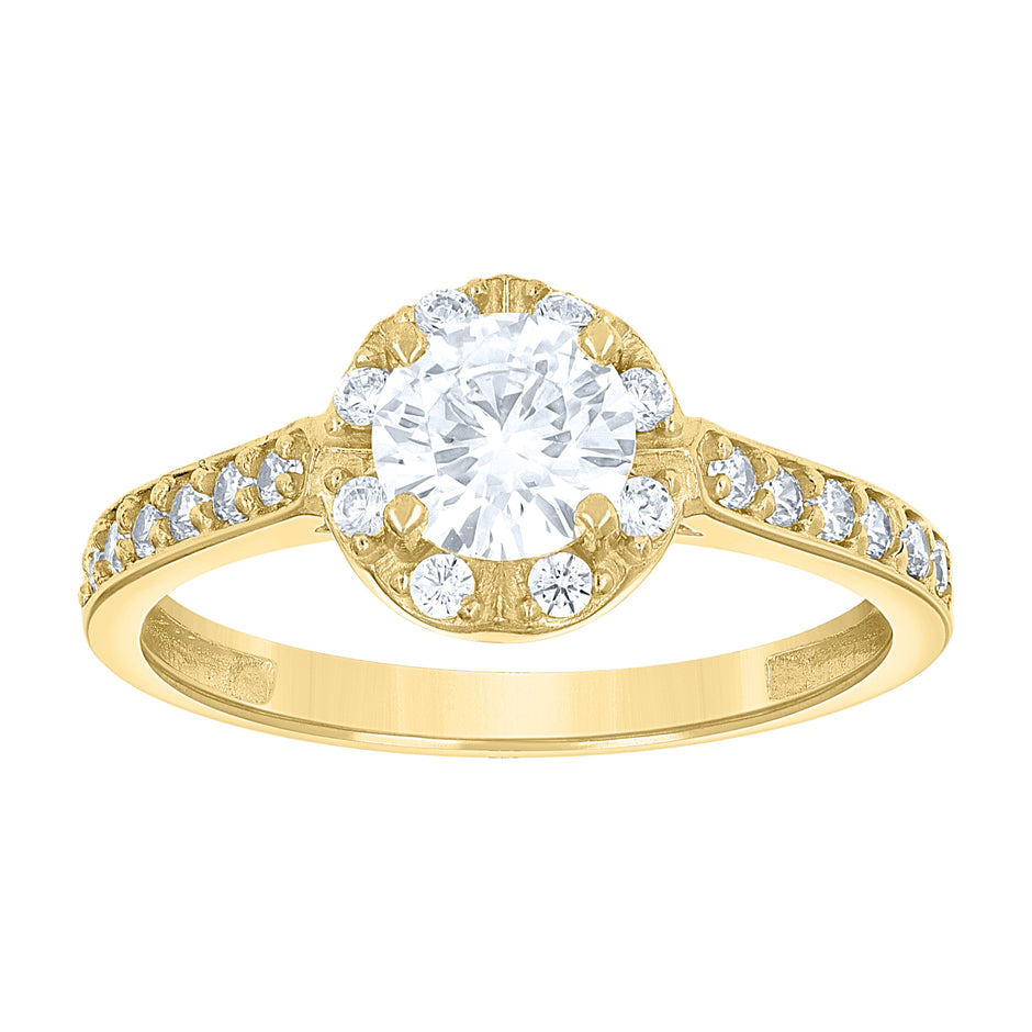 14Kt Gold Womens Two-Tone Cz Halo Round Center White Stone Wedding Engagement Band Ring
