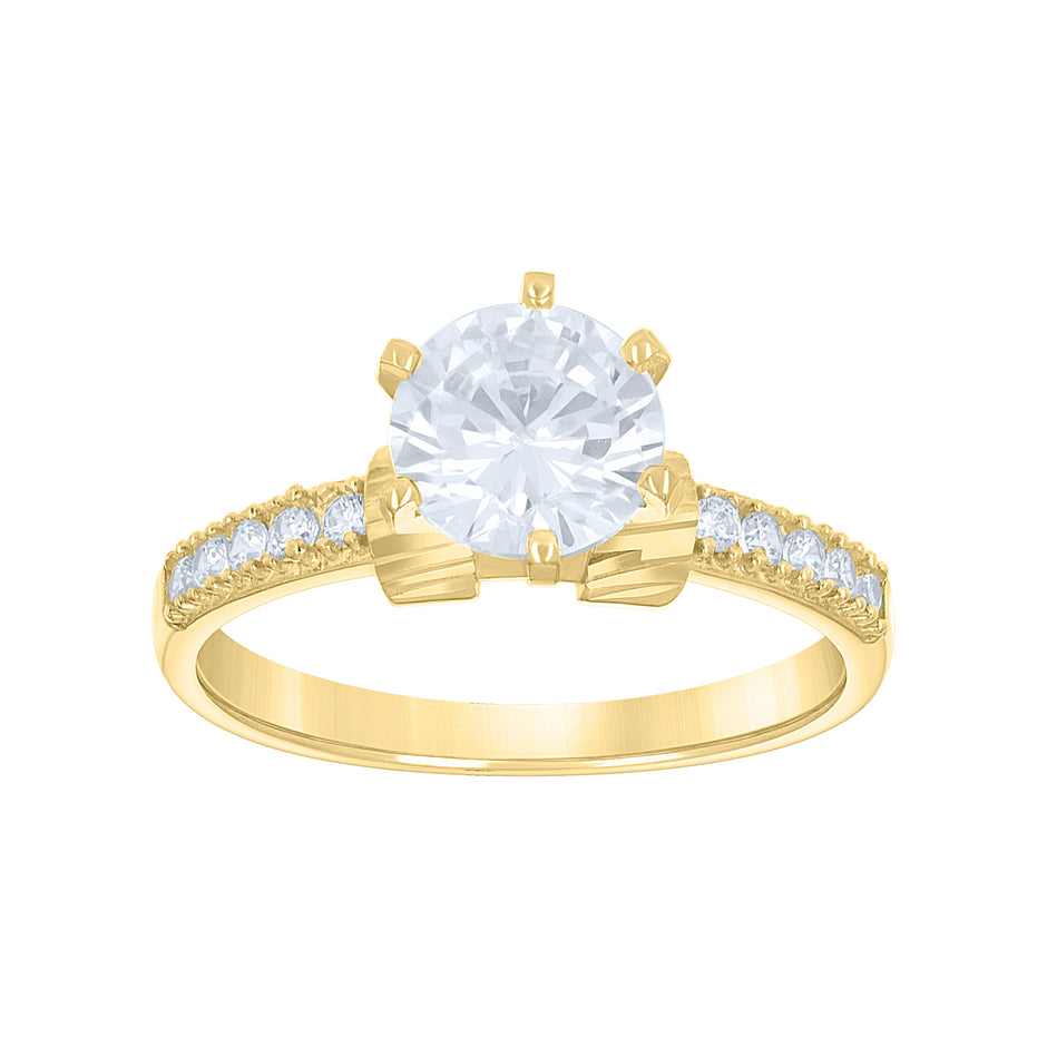 14Kt Gold Womens Two-Tone Cz Diamond-Cut Center Round-Cut Stone Wedding Engagement Band Ring