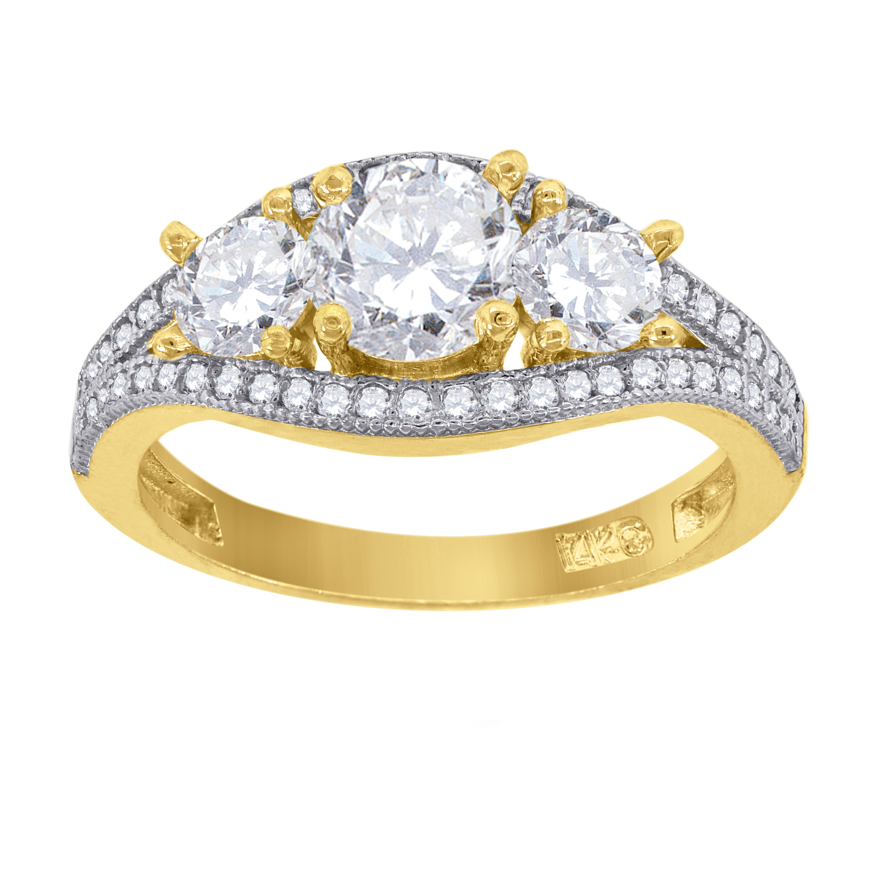 14Kt Gold Womens Two-Tone Cz 3 Stones Center Wedding Engagement Band Ring
