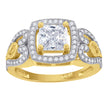 14Kt Gold Womens Two-Tone Cz Square Halo Center Side Hearts Wedding Engagement Band Ring
