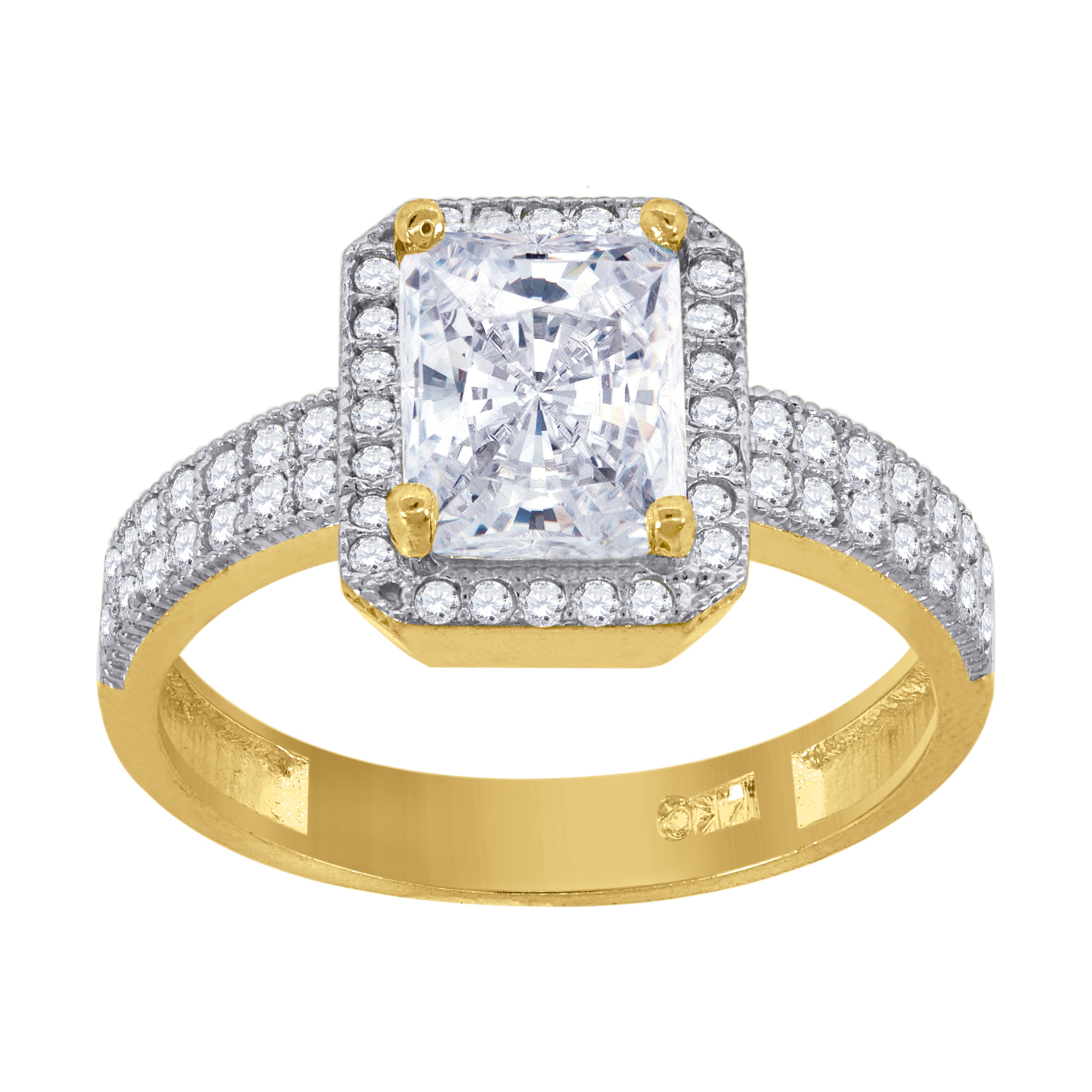 14Kt Gold Womens Two-Tone Cz Emerald-Cut Center Stone Wedding Engagement Band Ring