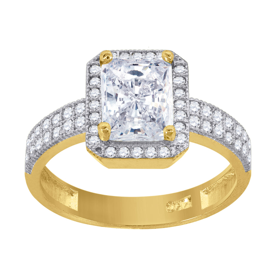 14Kt Gold Womens Two-Tone Cz Emerald-Cut Center Stone Wedding Engagement Band Ring