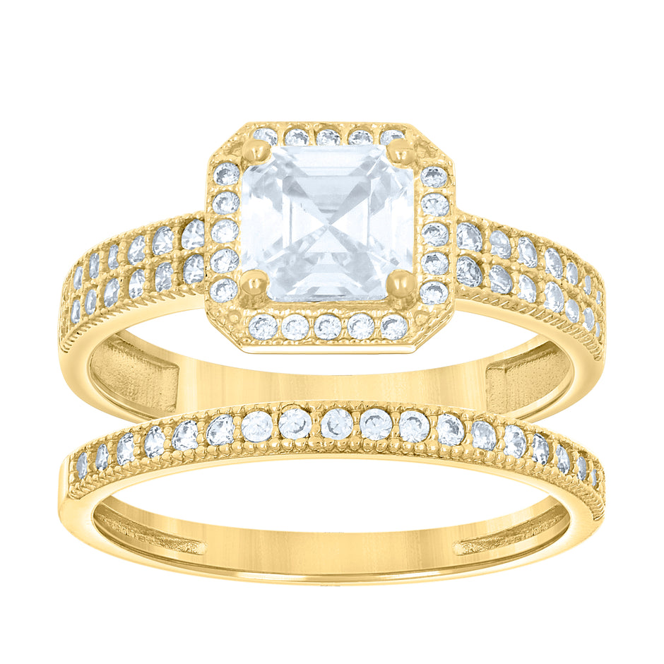 14Kt Gold Womens Two-Tone Cz Duo Center Princess-Cut Wedding Bridal Set Band Ring
