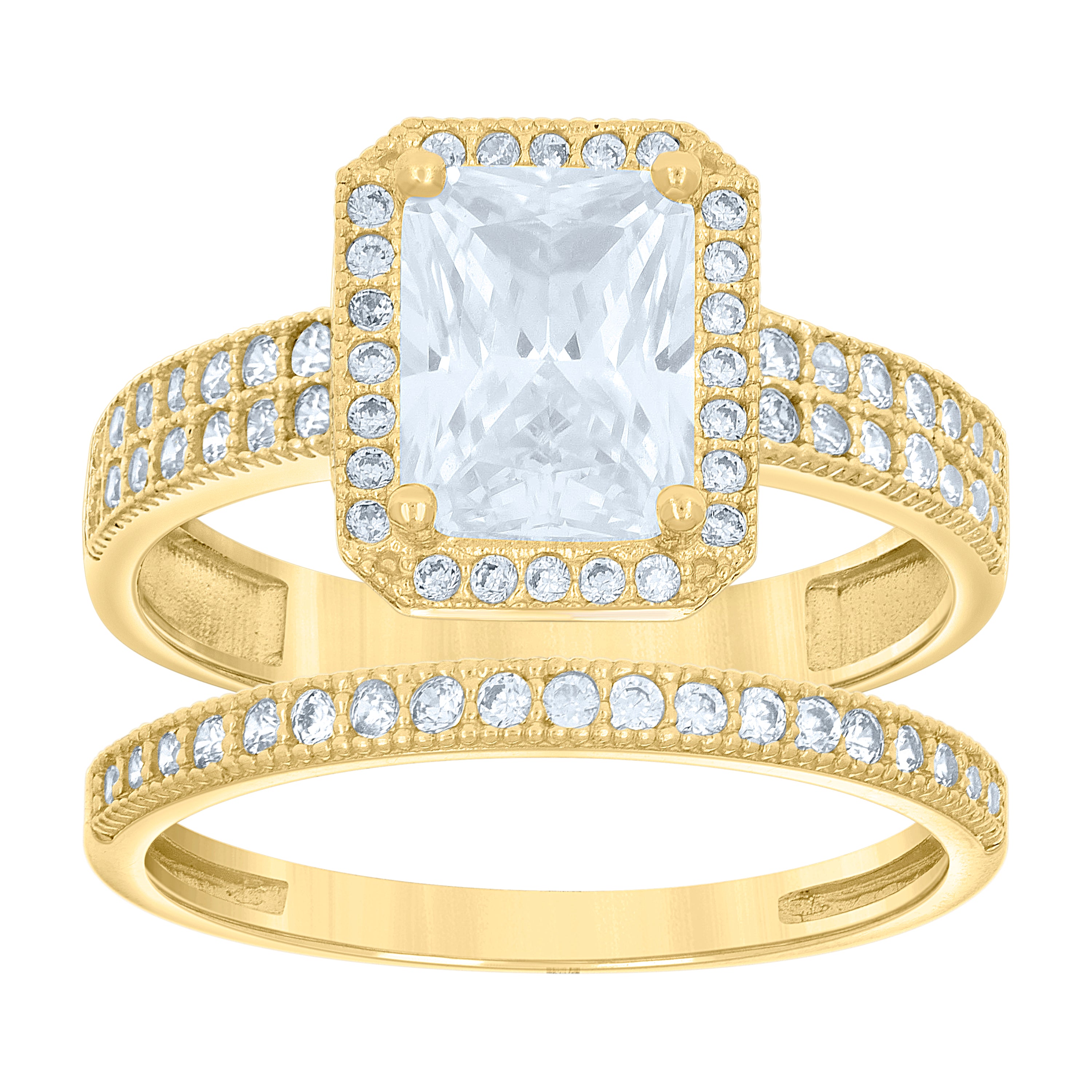 14Kt Gold Womens Two-Tone Cz Duo Emerald-Cut Center Stone Wedding Bridal Set Band Ring