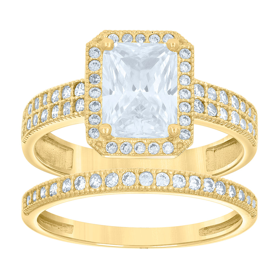 14Kt Gold Womens Two-Tone Cz Duo Emerald-Cut Center Stone Wedding Bridal Set Band Ring