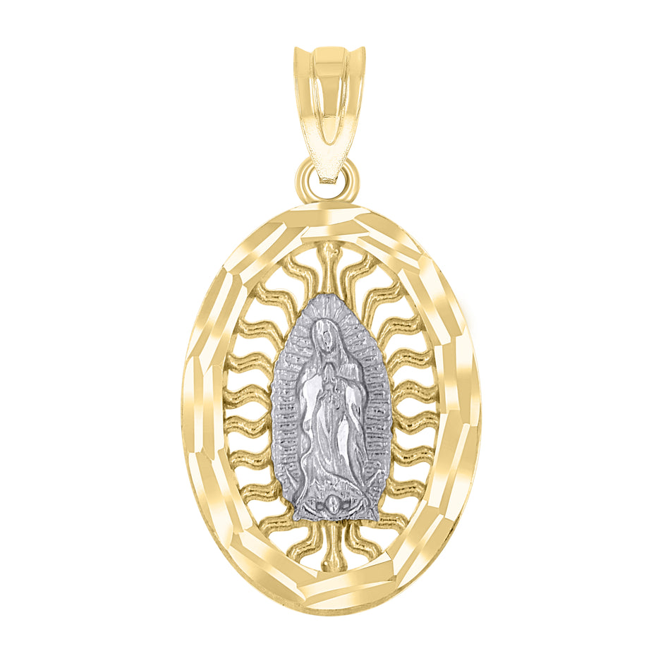 14Kt Gold Unisex Two-Tone Diamond-Cut Guadalupe Mary Oval Ht:25.4Mm Religious Pendant Charm