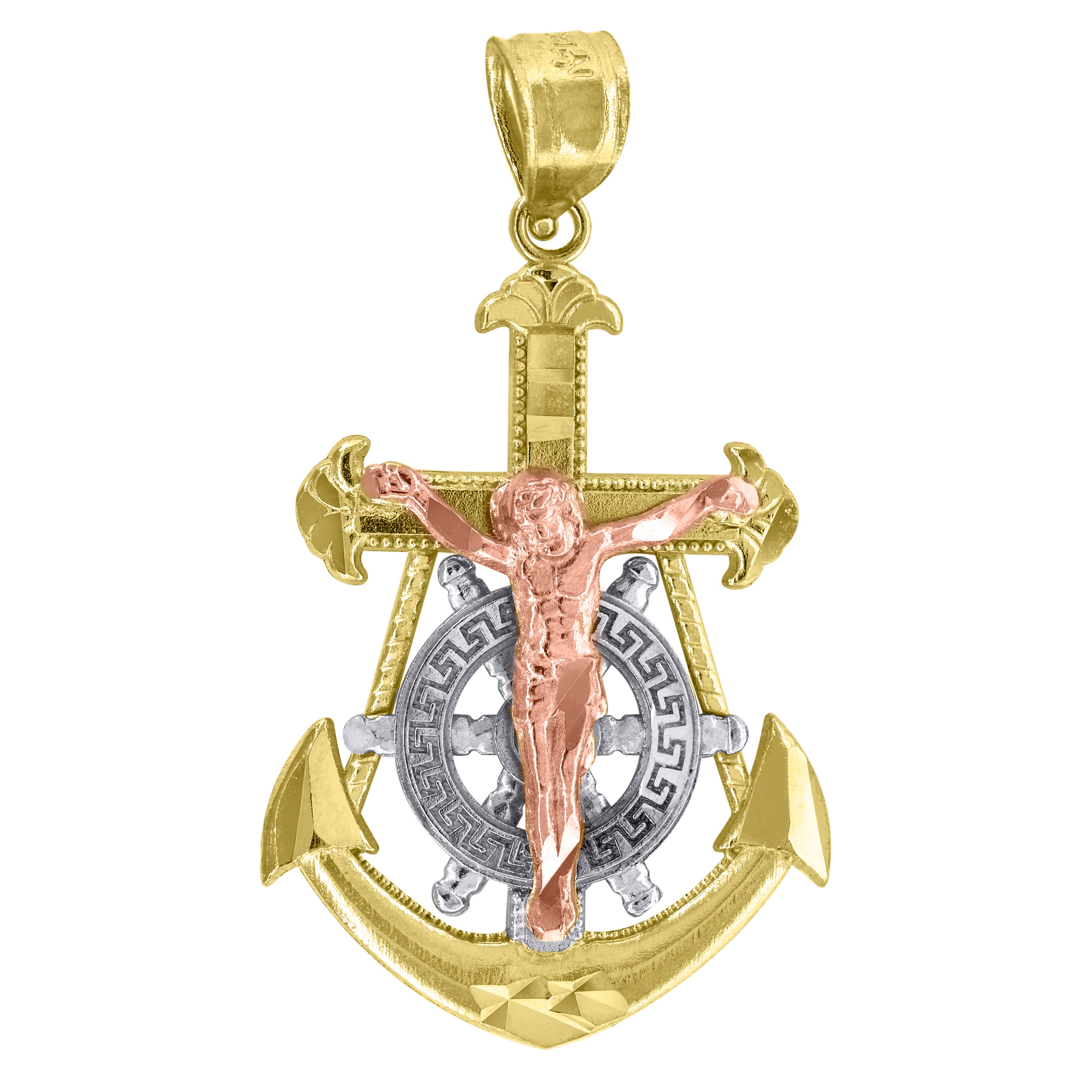 14Kt Gold Unisex Tri-Color Anchor Cross Crucifix Religious Ht:32Mm Pendant Charm