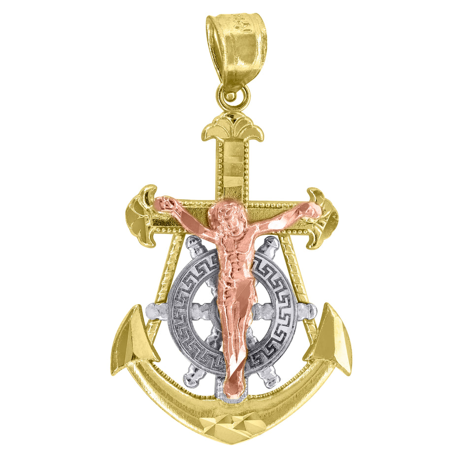 14Kt Gold Unisex Tri-Color Anchor Cross Crucifix Religious Ht:32Mm Pendant Charm