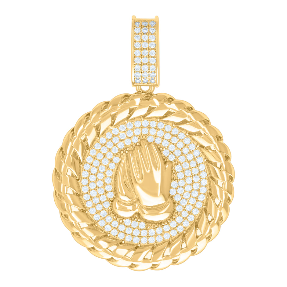 Yellow-Tone 925 Sterling Silver Mens Round Cubic Zirconia Charm Cluster Praying Hand Fashion Charm Pendant