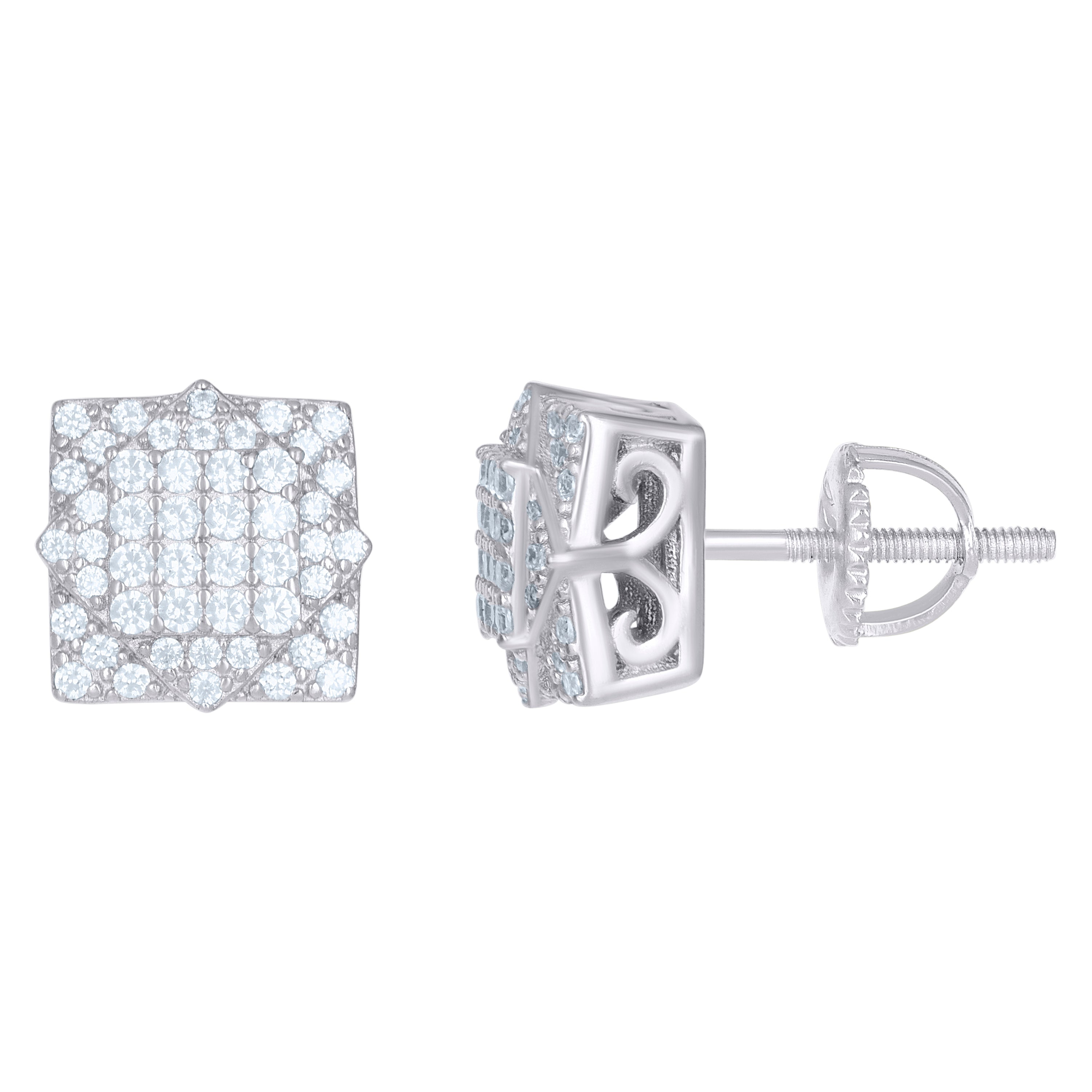 925 Sterling Silver Mens Women Unisex Round Cubic Zirconia Stud Cluster Square Fashion Earrings