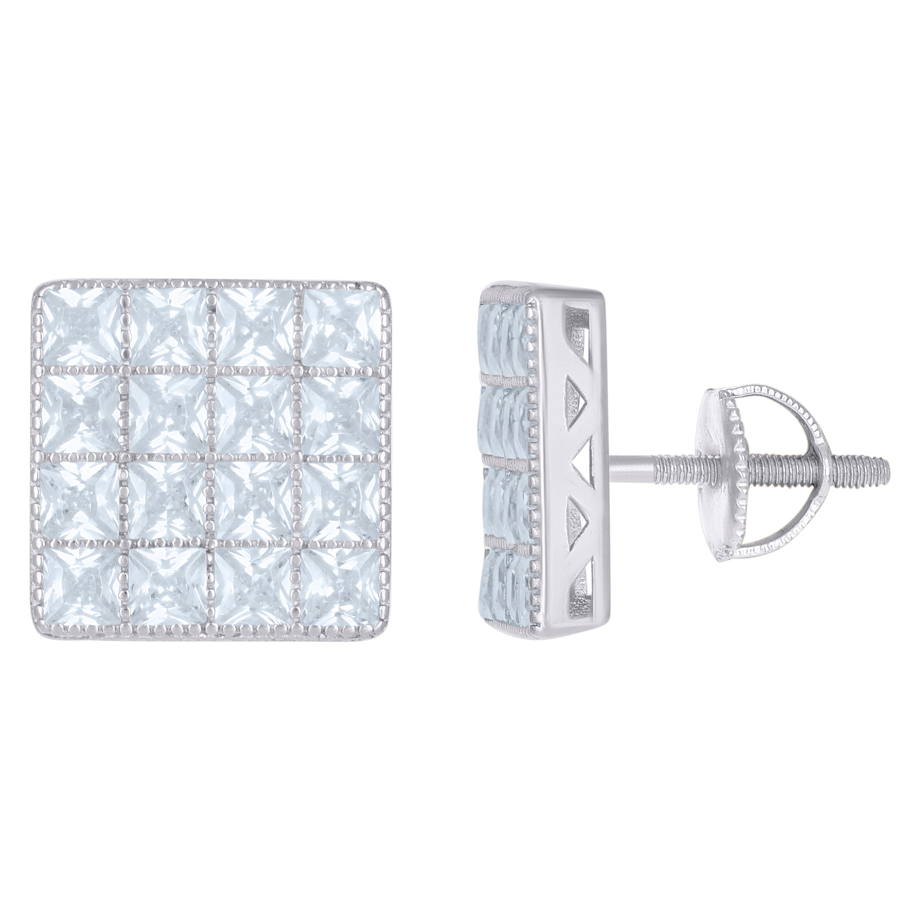 925 Sterling Silver Mens Womens Unisex Princess Cubic Zirconia Stud Cluster Square Fashion Earrings