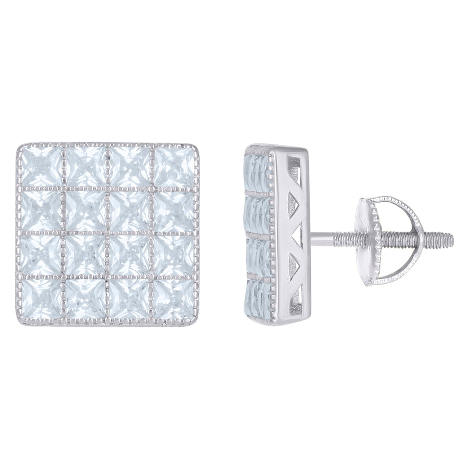 925 Sterling Silver Mens Womens Unisex Princess Cubic Zirconia Stud Cluster Square Fashion Earrings