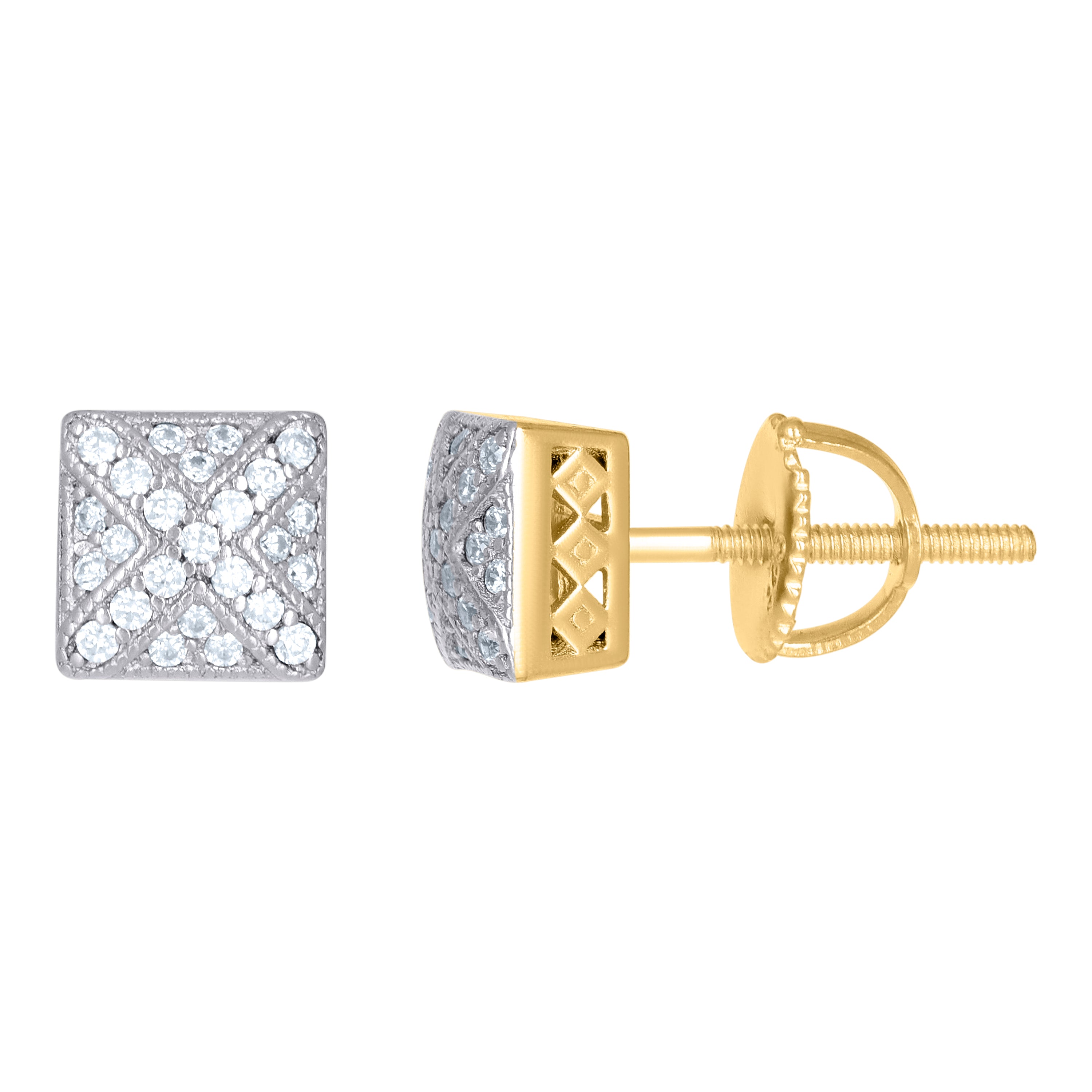 925 Sterling Silver Yellow-tone Unisex Cubic-Zirconia Square Fashion Stud Earrings