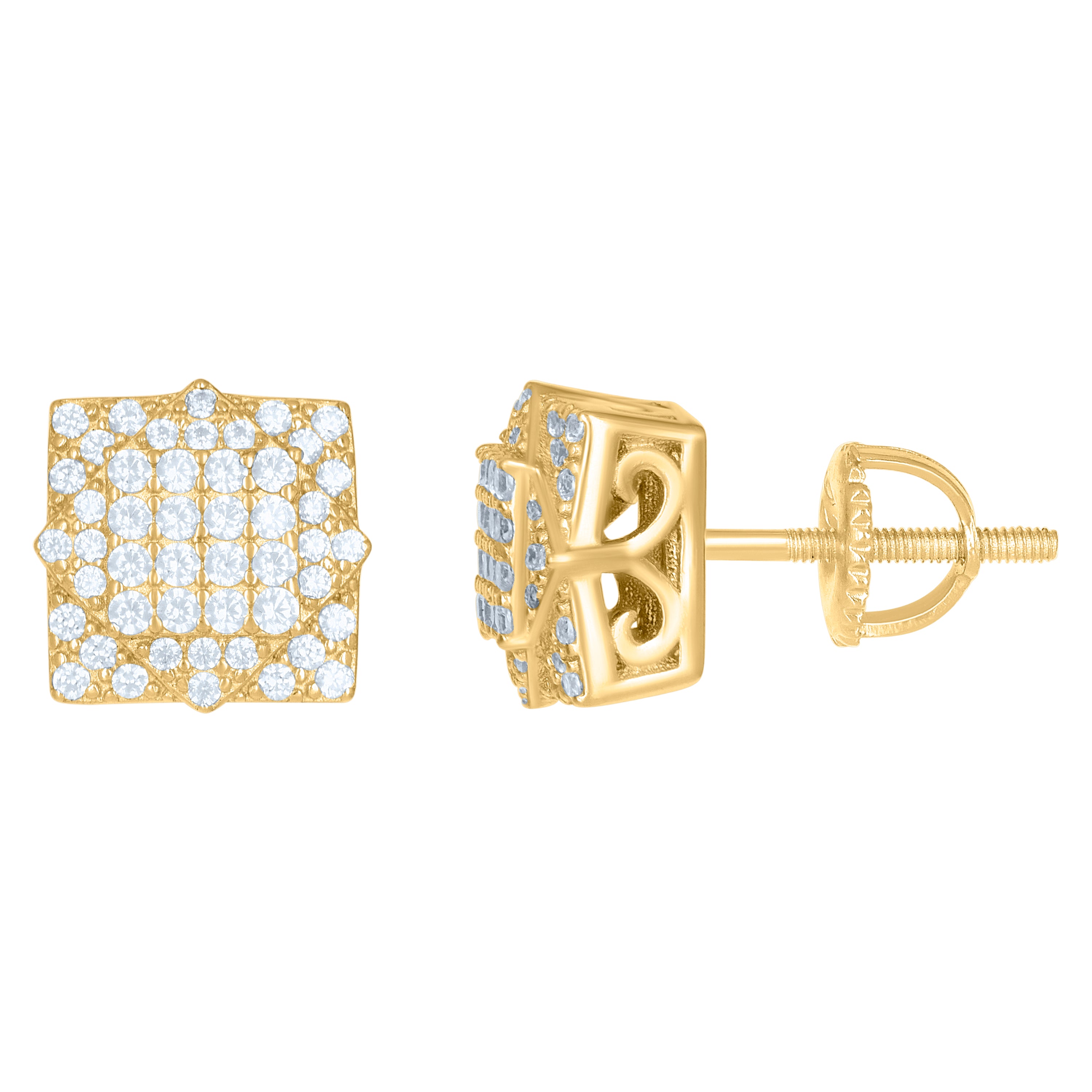925 Sterling Silver Mens Yellow-Tone Cubic Zirconia Square Kite Stud Earrings