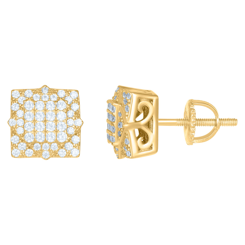 925 Sterling Silver Mens Yellow-Tone Cubic Zirconia Square Kite Stud Earrings