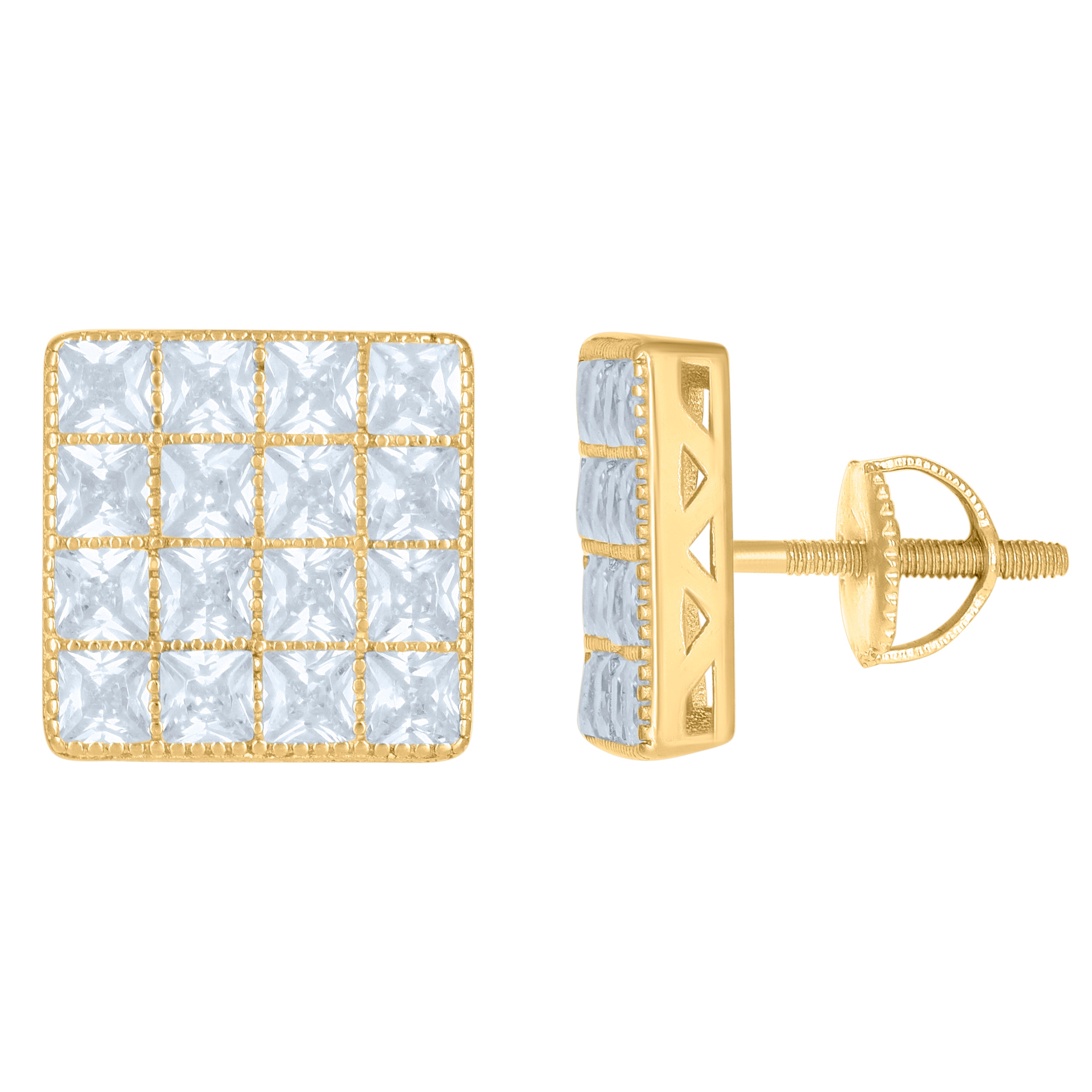 925 Sterling Silver Mens Yellow-Tone Cubic Zirconia Princess Cut Square Stud Earrings