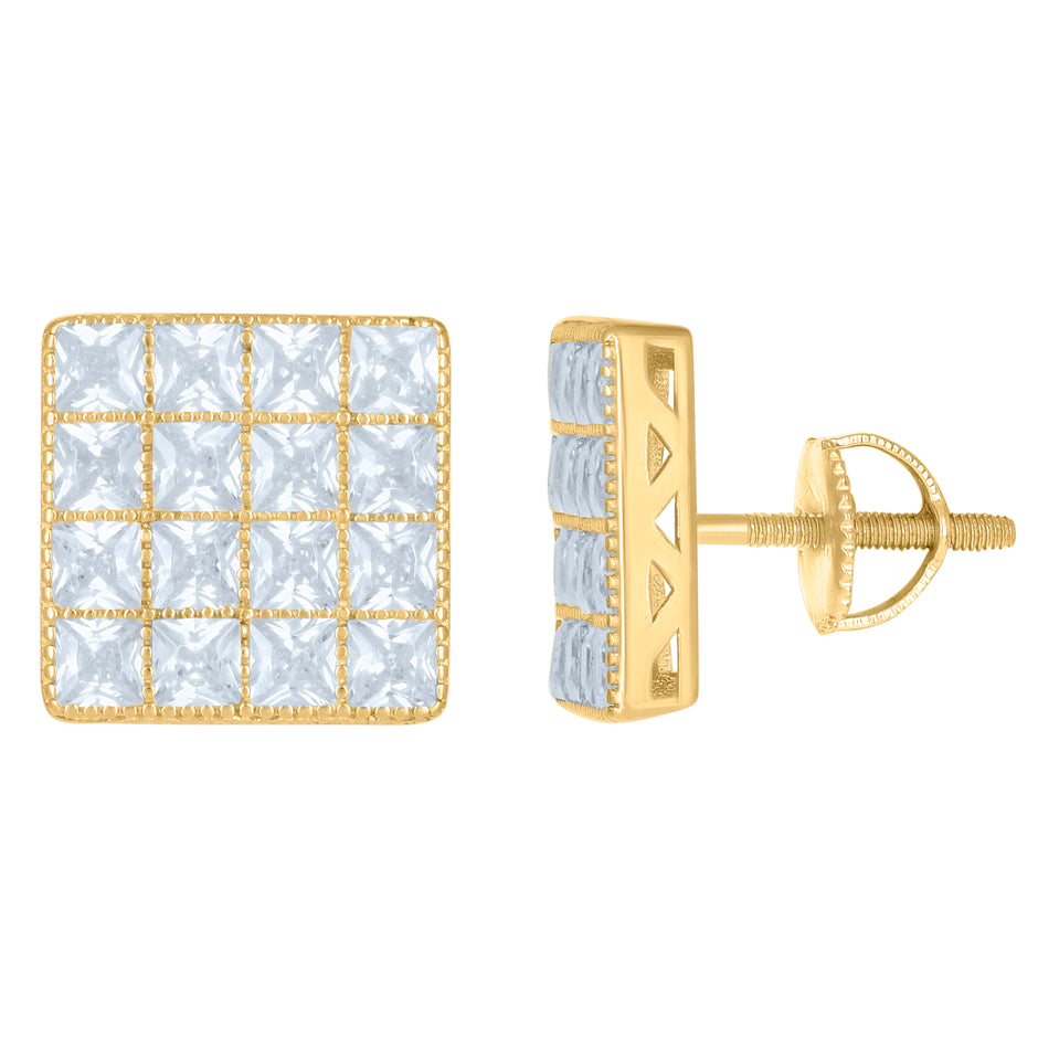 925 Sterling Silver Mens Yellow-Tone Cubic Zirconia Princess Cut Square Stud Earrings
