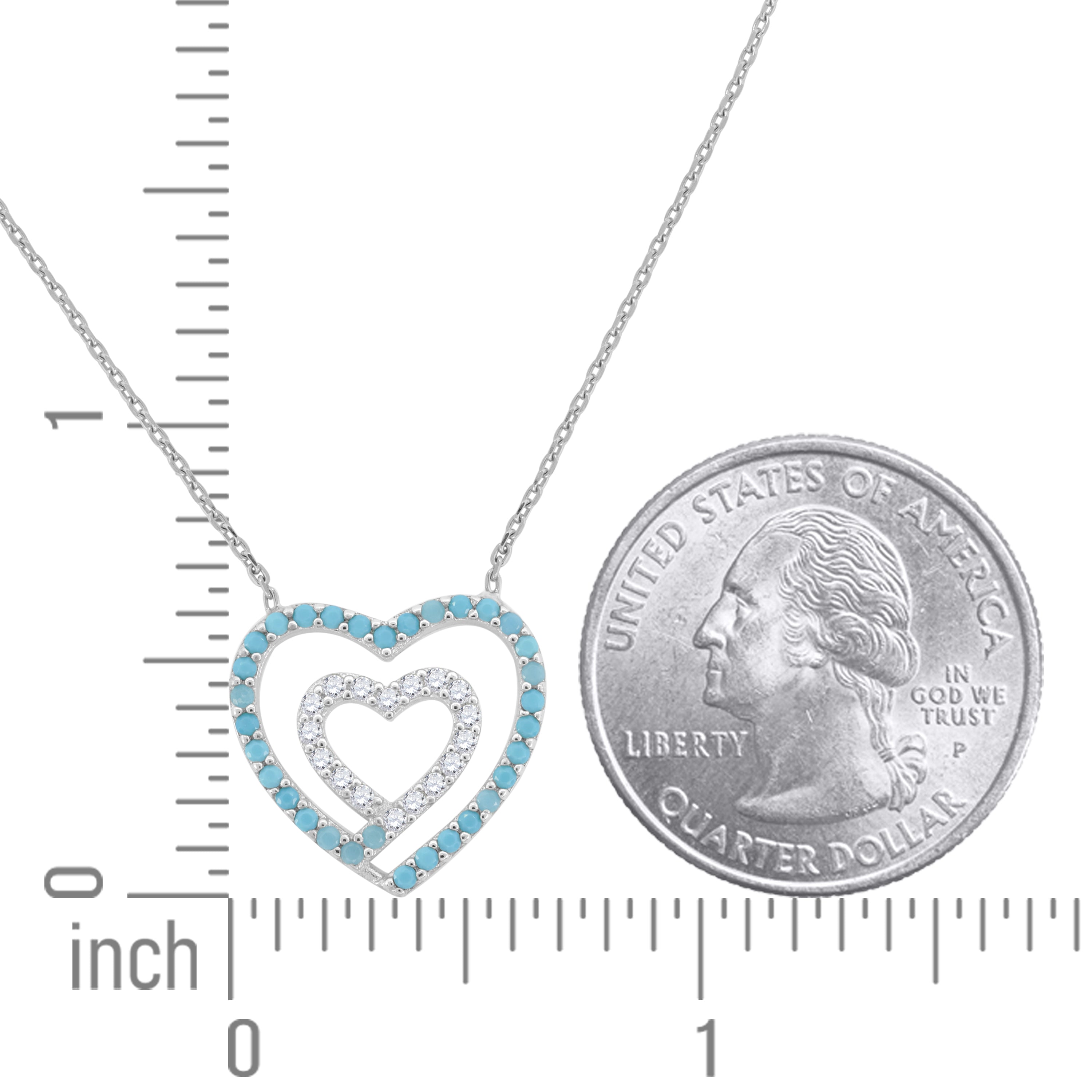 925 Sterling Silver Women Turquoise & White Cubic Zirconia Rolo Link Heart Necklace