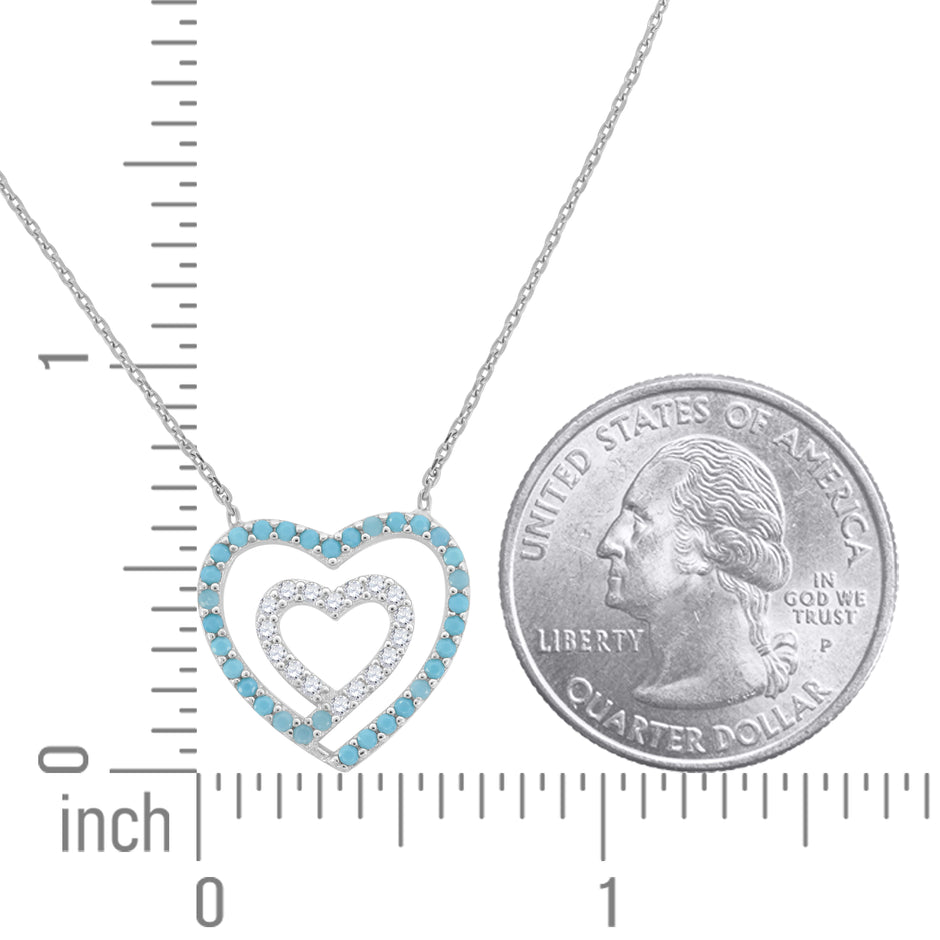 925 Sterling Silver Women Turquoise & White Cubic Zirconia Rolo Link Heart Necklace