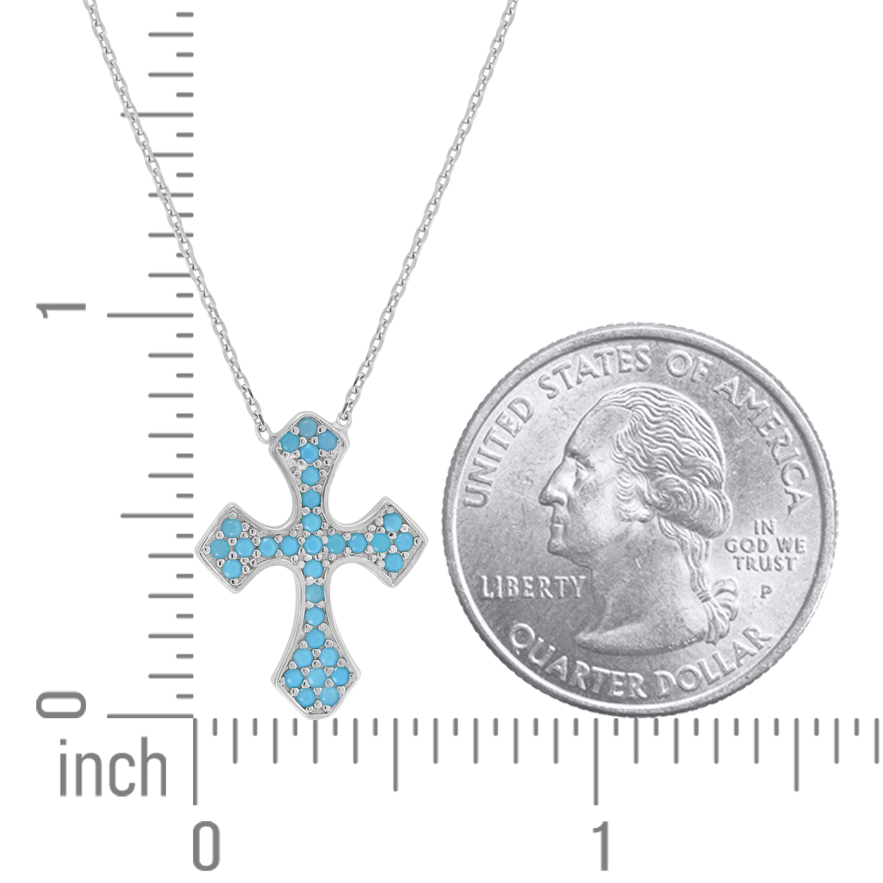 925 Sterling Silver Women Turquoise Cubic Zirconia Rolo Link Cross Necklace